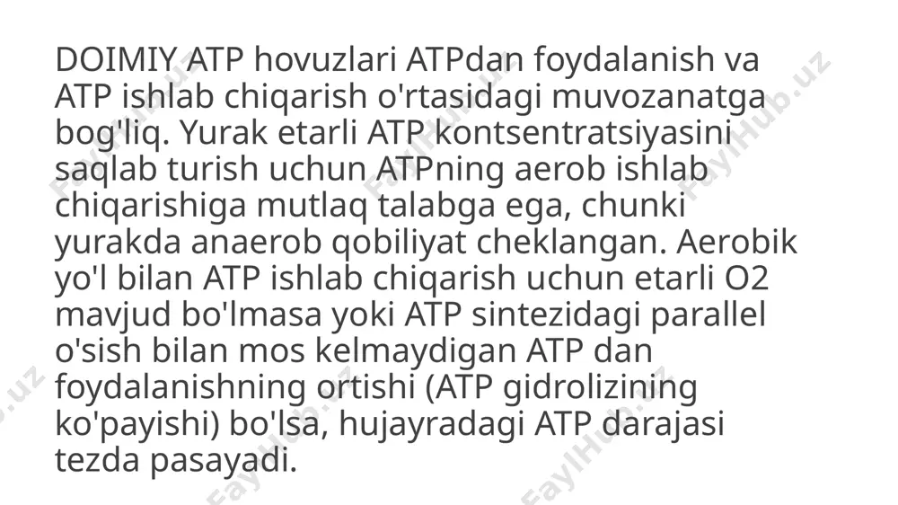chirib qo'yish va mavjud bo'lmagan birikmalar bilan bog'lanish kislorodga bo'lgan ehtiyojni kamaytiradi va kalamush yurak qisqarishining mexanik kuchini oshiradi. insulin va glyukoza kombinatsiyasi yurakning kislorodga bo'lgan talabini 39% ga kamaytirishga yordam beradi . ushbu ta'sirlar aniq tushunilmagan, chunki nazariy jihatdan palmitat yoki oleatdan foydalanish glyukoza yoki laktat bilan solishtirganda bitta atp molekulasini ishlab chiqarish uchun kamroq o 2 molekulalarini talab qiladi. mumkin bo'lgan tushuntirish uzoq zanjirli ffa va ca +2 kanallari o'rtasidagi o'zaro ta'sirlar bilan bog'liq (nasos atp-ase uchun atp talabini oshiradi) yurak yetishmovchiligida miokard metabolizmi rivojlanayotgan yurak etishmovchiligi miyokard metabolizmining moslashuvchanligini pasayishiga olib keladi. muayyan bosqichlarda hf asosiy energiya substrati sifatida ffa foydalanishni glyukoza oksidlanishiga o'tkazish tendentsiyasiga ega. ffa iste'molining kamayishi, ffa oksidlanish fermentlarining kamayishi va mitoxondriyal oksidlanish biomarkerlari bu bosqichni tavsiflaydi. ushbu o'tish odatda erta qayd etiladi. tajribalarda kalamush miokardidagi metabolik o'zgarishlar sun'iy aorta torayishidan keyingi ikkinchi haftada topilganligi tan olingan, kontraktiliyaning pasayishi esa bandajdan keyingi 20-haftada namoyon …