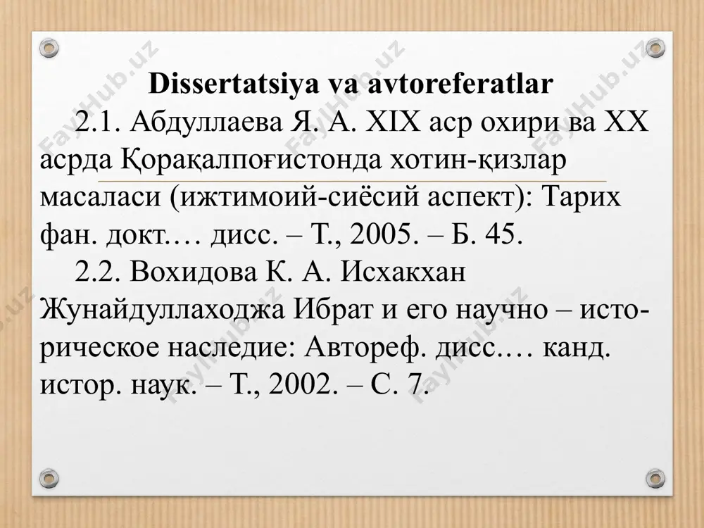 ган заки валиди. воспоминания. борьба народов туркестана и других восточных мусульман-тюрков за национальные битие и сохраниние культуры. книга i. – уфа: китап, 1994. – 397 с. 6.2. воспоминания о кариме хакимова. – уфа, 1982. – 71 с. 6.3. амир сайид олимхон бухоро халқининг ҳасрати тарихи. – т.: фан, 1991. – 32 б. e’tiboringiz uchun rahmat! image5.png image6.png image7.png image2.jpeg image3.png