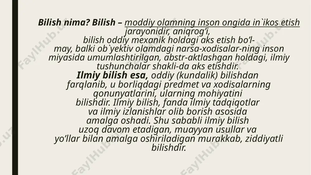 ssiy quvvatlar bilan birga unda o‘zi sezayotgan narsaga tortuvchi yoki undan itaruvchi quvvat paydo bo‘ladi, natijada unda o‘zi sezayotgan narsaga simpatiya yoki antipatiya paydo bo‘ladi. shundan so‘ng odamda tasavvur quvvati paydo bo‘ladi. nihoyat unda aql quvvati paydo bo‘ladiki, uning yordamida inson aqliy va mavhum fikr yuritadi. shundan so‘ng forobiy bilish-psixik jarayonlarning klassifikatsiyasini beradi: 1.oziqlantiruvchi quvvat-quvvayi roziyyadan- tashqi va ichki ruhiy quvvatlar paydo bo‘ladi. 2.tashqi quvvatlar beshta: 1) tuyish-teri sezgisi, 2) ta’m bilish, 3) hid bilish, 4) eshitish sezgisi, tovushni sezish, 5) ko‘rish sezgisi. bularning hammasi sezuvchi quvvat - quvvai hissiya deb yuritiladi. 3.ichki ruhiy quvvatlar: 1) eslovchi va tasavvur qiluvchi quvvat (xotira, tasavvur va hayol) - quvvai mutaxayyila. 2) intiluvchi quvvat (emotsiyani harakatga keltiruvchi kuch-ehtiros, g‘azab va boshqalar)-quvvai nazihiyya. 3) so‘zlovchi quvvat- quvvai notiqiyya. 4. so‘zlovchi quvvat tarkibida fikrlovchi quvvat - quvvai fikriya. mantiq ibn sino asarlarida ilmiy bilishning metodi, aql har qanday bilishning va amaliy faoliyatning mezoni sifatida talqin …