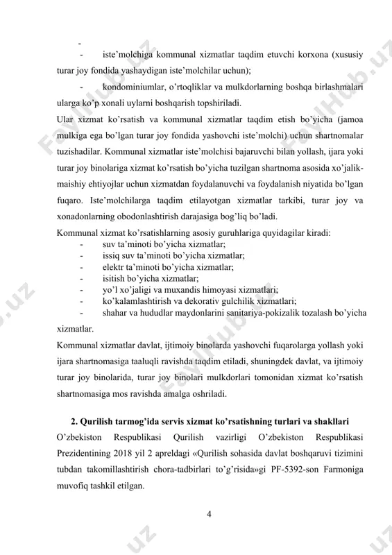 ng turlari va shakllari o’zbekiston respublikasi qurilish vazirligi o’zbekiston respublikasi prezidentining 2018 yil 2 apreldagi «qurilish sohasida davlat boshqaruvi tizimini tubdan takomillashtirish chora-tadbirlari to’g’risida»gi pf-5392-son farmoniga muvofiq tashkil etilgan. o’zbekiston respublikasi qurilish vazirligining asosiy vazifalari quyidagilardan iborat: · shaharsozlik va qurilish uchun muhandislik-texnik izlanishlar sohasida yagona davlat ilmiy-texnika siyosatini olib borish, mehnat unumdorligini oshirish, qurilish-montaj ishlari qiymatini kamaytirish, resurslardan oqilona foydalanishni ta’minlaydigan energiya jihatidan samarali va energiyani tejaydigan innovatsion loyihalar va echimlarni kurilish faoliyatiga joriy etish; · respublika hududida aholini joylashtirishning bosh sxemasini, qoraqalpog’iston respublikasi, viloyatlar, toshkent shahar, tumanlar, shaharlar hududlarini rejalashtirish sxemalarini, aholi punktlarining bosh rejalarini va boshqa shaharsozlik xujjatlarini ishlab chiqish va tasdiqlashni tashkil qilish, ularning amalga oshirilishi ustidan monitoring olib borish; · shaharsozlik sohasida davlat siyosatining asosiy yo’nalishlari bo’yicha takliflar tayyorlash, arxitektura-kurilish faoliyatini rivojlantirishning uzoq muddatli va o’rta muddatli davlat dasturlarini ishlab chiqish, hududlarni ijtimoiy-iqtisodiy rivojlantirishning tarmoq va hududiy dasturlarini tayyorlashda ishtirok etish; · loyiha ishi va …
