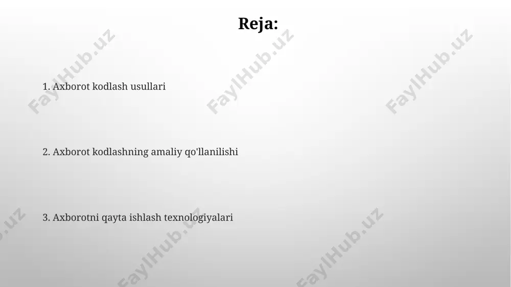 000 dan ortiq belgilarni, jumladan, turli tillardagi belgilarni qo'llab-quvvatlaydi. axborotni kodlash tushunchasi axborotni kodlash – bu ma'lumotlarni 0 va 1 raqamlari ketma-ketligidan iborat ikkilik kodga o'tkazish jarayoni bo'lib, kompyuterlar tomonidan qayta ishlash uchun qulay formatni ta'minlaydi. masalan, ascii kodi 128 ta belgini kodlaydi. ingliz alifbosidagi harflarni 7 bitli ascii kod yordamida kodlash, har bir belgi uchun 128 ta imkoniyat yaratadi. bu esa, dunyoning turli burchaklaridan, shu jumladan, o'zbekiston va aqsh dan olingan ma'lumotlarni bir xil tarzda qayta ishlash imkonini beradi. axborot uzatish tizimlari axborot uzatish tizimlarida, masalan, toshkentdagi 5g tarmoqlari, ma'lumotlarni 100 mbps gacha tezlikda uzatishi mumkin, bu esa real vaqt rejimida yuqori sifatli video konferentsiyalarni o'tkazish imkonini beradi. dunyo bo'ylab, shu jumladan, o'zbekistonda ham, 2023 yilda 400 dan ortiq sun'iy yo'ldosh orqali global axborot uzatish tizimlari faol ishlaydi, bu esa masofaviy hududlarga ham axborot yetkazib berishga imkon beradi. kriptografiya va axborot xavfsizligi kriptografiyaning rivojlanishi 20-asrning 2-yarmidan boshlab, ayniqsa, kompyuter …