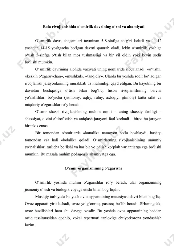 ik, aqliy va ruhiy o‘sishida muhim o‘zgarishlarga olib keladi. shunga qaramay, o‘smirlik davridagi «tanglik»ni tushuntirishdagi nazariy fikrlar taraqqiyoti shunday umumlashmani yuzaga keltiradiki, unga ko‘ra, o‘smirlik davrining namoyon bo‘lishi va o‘tishi hayotdagi ijtimoiy shart-sharoitlar, o‘smirning rivojlanishi, uning kattalar olamidagi mavqeiga bog‘liq. o‘smirlik davriga o‘tishda shaxsdagi markaziy shakllanish o‘zini endi bola emas, katta deb his qilish, katta bo‘lishga harakat qilish o‘smir shaxsiyatidagi markaziy va spesifik yangilik hisoblanadi. kattalik hissi deb ataluvchi xususiyatning o‘ziga xosligi shundaki, o‘smir o‘zining bola ekanligini inkor etadi. garchi atrofdagilar uni katta deb e’tirof qilishini istasa-da, o‘smirda hali unda haqiqiy va to‘laqonli kattalik hissi yo‘q. spesifik yangidan shakllanish sifatida kattalik hissi – shaxsning asosiy xususiyatidir. chunki u o‘smirning o‘ziga, odamlar va dunyoga munosabatida yangi hayotiy nuqtai nazarni ifodalaydi, uning ijtimoiy faolligi, bir me’yor va qadriyatlardan boshqasiga – bolalarnikidan kattalarnikiga moslashishdan iborat spesifik yo‘-nalishni belgilaydi. o‘smirning kattalarga o‘xshashga urinishi tashqi tomondan ular kabi bo‘lish, kattalar hayoti va faoliyatining ayrim taraflariga …