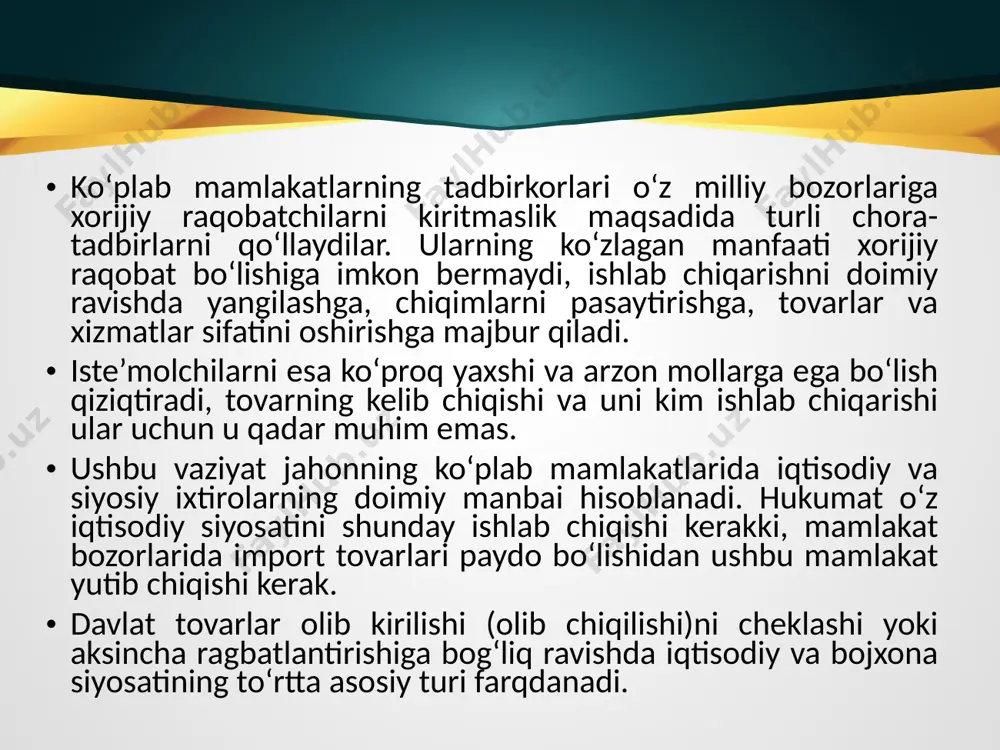 lari aholisi uchun import go‘shti iste’mol qilish foydali bo‘lgan bo‘lur edi, biroq u holda rossiya chorvachiligi o‘z tovari sotiladigan bozordan mahrum bo‘lardi va o‘z xarajatlarini tezlikda pasaytirish imkoniga ega bo‘lmaganligi sababli xonavayron bo‘lardi. shunga o‘xshash vaziyat engil va oziq-ovqat sanoati, maishiy elektrotexnika va boshqa tarmoqdar uchun ham realdir. mdh bozori davlat tomonidan tartibga solish, eng avvalo bojlar (tariflar) bilan tartibga solish chora-tadbirlari yordamida import tovarlari keng kirib kelishidan uzoq vaqt qo‘riqlanishi ehtimoli mavjud. protektsionizm siyosati rivojlanayotgan mamlakatlarda ayniqsa keng qo‘llaniladi. undan tarkibiy o‘zgartirishlarni amalga oshirishda, importning o‘rnini bosish maqsadida milliy sanoatni qo‘llab-quvvatlashda foydalaniladi. erkin savdo siyosati («fritrederlik») - tashqi savdoda cheklashlarni eng oz darajada kamaytirish. odatda, u bozorda etakchi mavqega ega bo‘lgan, o‘z tovarlarining raqobatga bardoshliligidan xavotirda bo‘lmagan mamlakatlar tomonidan o‘tkaziladi. bojxona siyosati ko‘p darajada olib kirilayotgan mahsulot ichki ishlab chiqarish bilan raqobatlasha olmaydigan yoki muhim tarmoqlar uchun xom ashyo hisoblangan mamlakatlarda ham erkin savdoga yunaltirilgan bo‘ladi. agar import ichki …