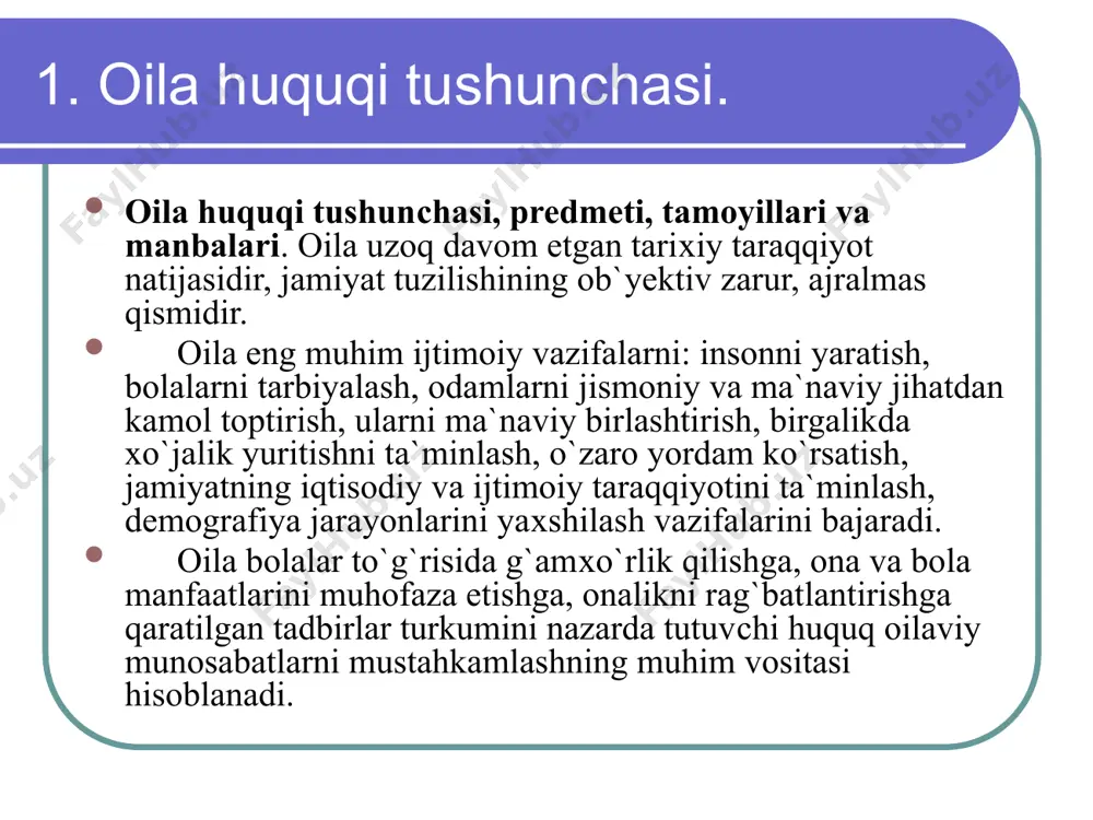 qayd etilgunga qadar, bo`lajak er-xotinning umumiy mablag`lari umumiy mulki hisoblanadi. ota-onalik va uning huquqiy oqibatlari. bolalar muayyan ota-onalardan tug`ilganligining belgilangan tartibda tasdiqlanishi ota-onalar bilan bolalar o`rtasidagi huquqiy munosabatlar vujudga kelishining negizini tashkil etadi. nikohda bo`lgan ota-onadan tug`ilgan bolaning paydo bo`lishi ota-onaning nikohi bilan bog`liq hujjatlarda qayd etiladi va tasdiqlanadi. bunda er-xotinning birga yoki alohida yashashining ahamiyati yo`q. bolaning tug`ilganlik haqidagi guvohnomasi unda nomlari ko`rsatilgan ota-onadan yoki onadan tug`ilganligiga dalildir, ona tibbiyot muassasida bolaning shu onadan tug`ilganligini tasdiqlovchi hujjatlar asosida aniqlanadi. ota, erkakning bolaning onasi bilan nikohda turganligi dalili aniqlanadi. bolaning onasi bilan nikohda turmagan otaning otalik huquqi ota va onaning birgalikda fuqarolik holati dalolatnomalarini qayd etish organlarida arizalari bilan yohud er va xotindan birining arizasiga binoan sud taribida belgilanadi. ota-onalarning yozma qaydi ota yoki ona sifatida yozib qo`yilgan shaxs yohud bolaning haqiqiy otasi yoki onasining talabi bilan faqat sud tartibida rad etilishi mumkin. bolaning familiyasi ota-onaning familiyasiga qarab belgilanadi. mobodo …