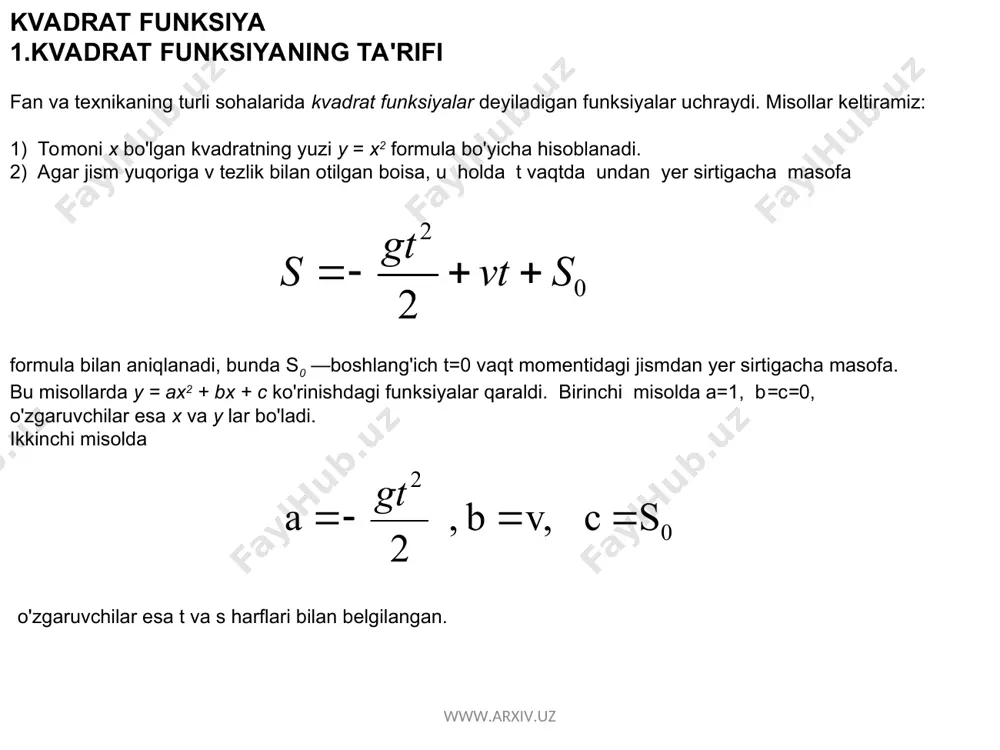 mak, y (2) = 7 va y (-6) = 7. 2) shartga ko'ra x2 + 4x - 5 = -9, bundan x2 +4x + 4 = 0, (x + 2)2=0, x = -2. 3) shartga ko'ra x2+4x-5=-10, bundan x2 +4x + 5 = 0. bu tenglamani yechib, x1,2 =-2±i ekanini topamiz. demak, tenglama haqiqiy ildizlarga ega emas va shuning uchun x ning hech qanday haqiqiy qiymatlarida berilgan funksiya -10 qiymatni qabul qilmaydi. 4) shartga ko'ra x2+4x-5 = 0, bundan x1=l, x2=-5. oxirgi holda x ning y =x2+4x-5 funksiya 0 ga teng, ya'ni y (1) = 0 va y (-5) = 0 bo'lgan qiymatlari topildi. x ning bunday qiymatlari kvadrat funksiyaning nollari deyiladi. 3-masala. y = x2 -3x funksiyaning nollarini to­ping. yechush: x2 - 3x = 0 tenglamani yechib, x1 = 0, x2 = 3 ekanini topamiz. www.arxiv.uz www.arxiv.uz 2. y = x2 funksiya y = x2 funksiyani, ya'ni a = …