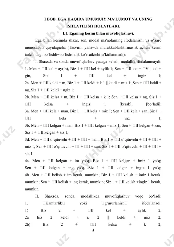 i + m + ii kela + di + lar 2; 3b) opa + i + m + ii o‘qituvchi + i + ii + vi + lar 2; 4a) opa + i + m + ii kelgan + lar 2 + i yo‘q; 4b) opa + i + m + ii kelish +lar 2 + i kerak; 2. -sh 2 affiksi yordamida ifodalanadi: 1) opa + i + m + ii kel + ish 2 + sin; 2a) opa + i + m + ii kel + ish 2 + di + vi; 2b) opa + i + m + ii kel + ish 2 + sa + vi; 3a) opa + i + m + ii kel + ish 2 + a + di; 3b) opa + i + m + ii kel + ish 2 + gan + vii; 4) opa + i + m + ii …
