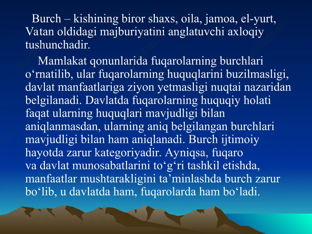 riallari hisoblanishi mumkin. ma’lumki, tabiat va atrof-muhitning sog‘lom bo‘lishi eng avvalo insonlarga bog’liqdi. afsuski hamma insonlar ham ushbu burchlarini ado etmaydilar. shuning uchun konstitutsiyaning 50-moddasida “fuqarolar atrof tabiiy muhitga ehtiyotkorona munosabatda bo‘lishga majburdirlar” degan qoida mustahkamlangan. davlat o‘z ehtiyojlarini va fuqarolarning turli ehtiyojlarini qondirish uchun yetarli iqtisodiy imkoniyatga ega bo‘lishi zarur. shu maqsadda davlat byudjeti shakllantiriladi. davlat byudjeti turli manbaalardan shakllanib, ular ichida soliqlar alohida o‘rin tutadi. soliqlar to‘lash faqat korxona, tashkilotlarning (yuridik shaxslarning) burchi bo‘lib qolmasdan, bunday burch fuqarolarga (jismoniy shaxslarga) ham yuklatilgan. konstitutsiyaning 51-moddasida “fuqarolar qonun bilan belgilangan soliqlar va mahalliy yig‘imlarni to‘lashga majburdirlar” - deb mustahkamlangan. fuqarolar albatta soliq va yig‘imlarni to‘lashi kerak va bu to‘lovlar (soliq, yig‘imlar) qonunga binoan amalga oshirishi kerak. konstitutsiyaning 52-moddasida “o‘zbekiston respublikasini himoya qilish - o‘zbekistan respublikasi har bir fuqarosining burchidir. fuqarolar qonunda belgilangan tartibda harbiy yoki muqobil xizmatni o‘tashga majburdirlar” - deb belgilangan. mamlakatning taraqqiyoti, xavfsizligi, fuqarolar xavfsizligi mamlakatni mustaqilligiga bog‘liq …