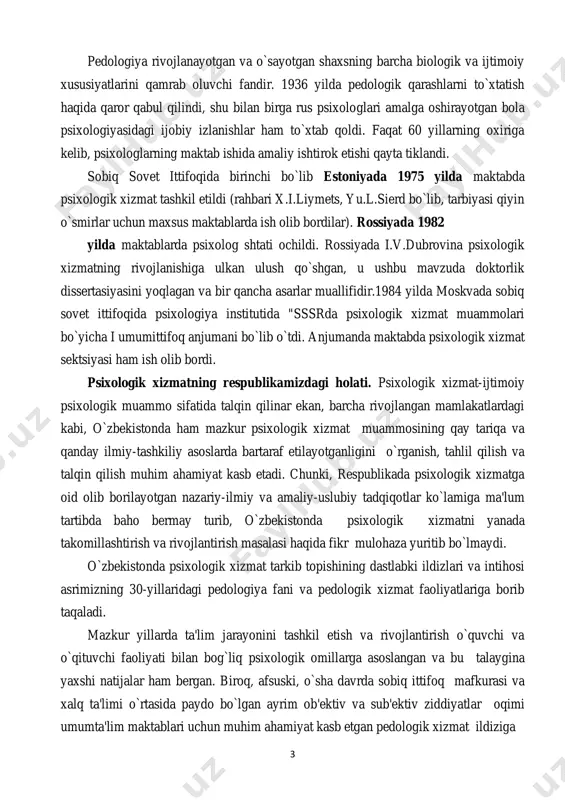 iyat kasb etadi. chunki, respublikada psixologik xizmatga oid olib borilayotgan nazariy-ilmiy va amaliy-uslubiy tadqiqotlar ko`lamiga ma'lum tartibda baho bermay turib, o`zbekistonda psixologik xizmatni yanada takomillashtirish va rivojlantirish masalasi haqida fikr mulohaza yuritib bo`lmaydi. o`zbekistonda psixologik xizmat tarkib topishining dastlabki ildizlari va intihosi asrimizning 30-yillaridagi pedologiya fani va pedologik xizmat faoliyatlariga borib taqaladi. mazkur yillarda ta'lim jarayonini tashkil etish va rivojlantirish o`quvchi va o`qituvchi faoliyati bilan bog`liq psixologik omillarga asoslangan va bu talaygina yaxshi natijalar ham bergan. biroq, afsuski, o`sha davrda sobiq ittifoq mafkurasi va xalq ta'limi o`rtasida paydo bo`lgan ayrim ob'ektiv va sub'ektiv ziddiyatlar oqimi umumta'lim maktablari uchun muhim ahamiyat kasb etgan pedologik xizmat ildiziga 4 bolta urdi va uni rasmiy tarzda yo`qqa chiqardi. natijada, pedagogik psixologiya yo`li bilan bajariladigan barcha ishlar maktabda faqat pedagogik yondashuvlar asosidagina amalga oshirildi. shunday bo`lsa-da, o`zbekistondagi umumta'lim tizimi bilan bog`liq izlanishlar va tadqiqotlar to`xtab qolgani yo`q. ayniqsa, p. i. ivanov, v. e. chudnovskiy, m.g. …