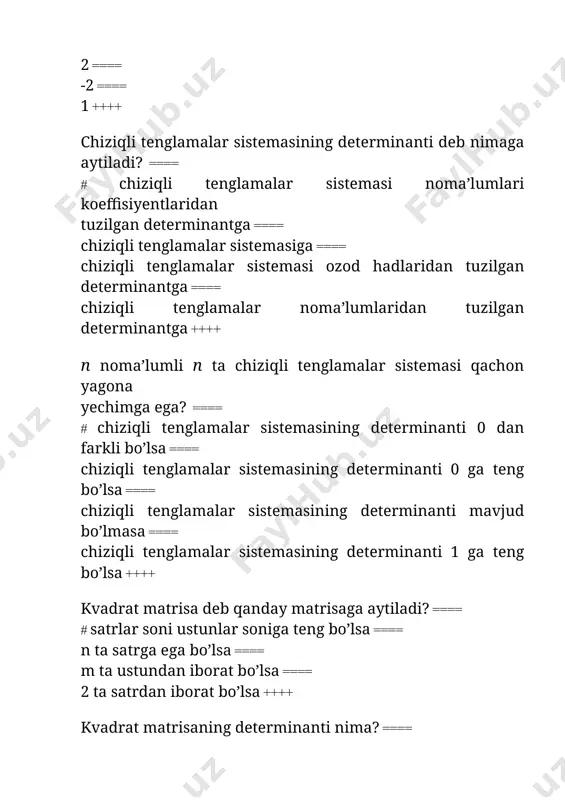 farqli bo’lsa ==== sistema determinanti 0 ga teng bo’lsa ++++ qanday chiziqli tenglamalar sistemasiga bir jinsli deyiladi? ==== # chiziqli sistema hamma ozod hadlari 0 lardan iborat bo’lsa ==== chiziqli sistema hamma ozod hadlari 0 dan farqli bo’lsa ==== chiziqli sistema yechimga ega bo’lsa ==== sistema determinanti 0 ga teng bo’lsa ++++ bir jinsli chiziqli sistema qanday holda birgalikda? ==== # bir jinsli chiziqli sistema doimo birgalikda ==== chiziqli sistema determinanti 0 dan farqli bo’lsa ==== chiziqli sistema determinanti 0 ga teng bo’lsa ==== ozod hadlar 0 ga teng bo’lsa ++++ bir jinsli sistema 0 dan farqli yechimga ega bo’lishi uchun qanday shart bajarilishi kerak? ==== # sistema determinanti 0 ga teng bo’lishi ==== sistema matrisasining rangi 0 gan farqli bo’lishi ==== sistema matrisasining rangi 0 gan farqli bo’lishi ==== sistema matrisasi rangi noma’lumlar soniga teng bo’lishi ++++ chiziqli tenglamalar sistemasida bosh bazis o’zgaruvchilar nima? ==== # bosh bazis o’zgaruvchilar …