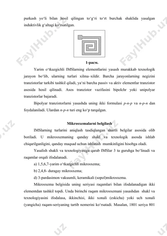 (ruscha) gacha bo‘lgan harflar bo‘lishi mumkin. ular bir turdagi mikrosxemaning parametrlaridagi farqni ifodalaydi. mikrosxema belgisida seriya belgisidan oldin k, km, kn, kr va ka harflar yozilgan bo‘ladi. ular mikrosxemada chiqargan zavoddan qabul qilib olinganlik shartini ifodalaydi. bunda k harfi mkrosxemaning keng qo‘llanilish maqsadida ishlab chiqarishni bildiradi. masalan k155iye7 deb belgilangan mikrosxema quydagicha o‘qiladi: keng qo‘llanilishi maqsadida ishlab chiqarilgan 155 seriyadagi 7 tartibli (nomerli) schyotchik (hisoblagich) vazifasini bajaradigan yarim o‘tkazgichli mikrosxema, seriya tartibi (nomeri)55 savollar: 1. mikrosxema nima? 2. mikrosxema elementlarini tushuntiring. 3. mikrosxema nimalarga asosan belgilanadi? 4. mikrosxemani vazifasi nimalardan iborat bo‘ladi? adabiyotlar: 1. ma’ruzalar matni. 2. nigmatov k. radioelektronika asoslari. t., 1994. 3. qo‘yliyev b.t. tabiatning fizik xossalari bitmas-tuganmasdir. qarshi, 2005. 4. гершунский б.с. основи электроники и микроэлектроники. м., 1990. 5. манаев э.и. основи радиоэлектроники. м., 1989. 6. молчанов а.п., занадворов п.н. курс электроники и радиотехники. м., наука, 1976. 7. степаненко и.п. основи теории транзисторов и транзисторних схем. м., …