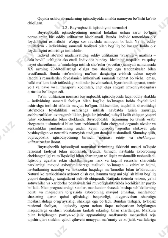 shishi mumkinligi namoyon bo`ladi. umuman olganda, buyruqbozlik va bozor tizimlarida qo`llaniladigan normalarning tarkibiy tuzilishini quyidagi jadvalda ko`rish mumkin. 4.1.- jadval. iqtisodiyot konstitutsiyalari normalarining guruhlanishi bozor konstitutsiyasi buyruqbozlik iqtisodiyoti konstitutsiyasi murakkab utilitarizm oddiy utilitarizm ratsional maqsadli fe’l-atvor mafkuraviy qadriyat ratsionalligi depersonifikatsiyalangan ishonch personifikatsiyalangan ishonch empatiya «sen – menga, men - senga», ijobiy ma’noda erkinlik qonunga ixtiyoriy bo`ysunish qonunga tilda buysunish quyida ushbu normalarning iqtisodiyotda amalda namoyon bo`lishi ko`rib chiqilgan. 3.2 . buyruqbozlik iqtisodiyoti normalari buyruqbozlik iqtisodiyotining normal holatlari uchun zarur bo`lgan normalardan biri oddiy utilitarizm hisoblanadi. bunda individ tomonidan o`z foydaliligini oshirilishi o`ziga xos ravishda namoyon bo`ladi. ya’ni, oddiy utilitarizm - individning samarali faoliyati bilan bog`liq bo`lmagan holda o`z foydaliligini oshirishga intilishidir. individ iste’mol madaniyatidagi oddiy utilitarizm “kvartira – mashina – dala hovli” uchligida aks etadi. individda bunday idealning tarqalishi va qulay hayot sharoitlarini ta’minlashga intilish sho`rolar (sovetlar) jamiyati namunasida xx asrning 70-80-yillardagi o`ziga xos shaklga ega tendensiyalar bilan tavsiflanadi. bunda …