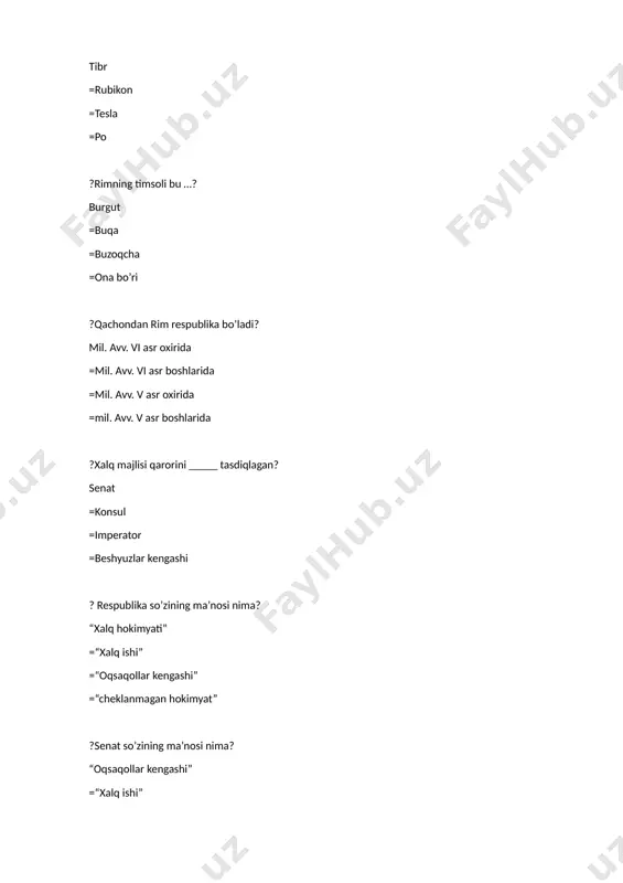 ilda =birinchi urush mill avv 146 yilda =uchinchi urush mill avv 216 yilda =ikkinchi urush mill avv 146 yilda ?ikkinchi puni urushida qancha rimliklar halok bo’lgan? 70 ming legioner =60 ming legioner =50 ming legioner =80 ming legioner ?gannibal qo’shini qachon mag’lubiyatga uchradi? mill avv 202 yilda =mill avv 216 yilda =mill avv v asrda =mill avv 146 yilda ?karfagen qachon butunlay vayron etildi? mill avv 146 yilda =mill avv 216 yilda =mill avv v asrda =mill avv 202 yilda ?provinsiya nima? bosib olingan yerlar =olingan o’ljalar =asirlar =chegaralar ?prokonsullar kimlar? provinsiya noibi =qullar =quldor =sarkarda ?”bo’lib tashla, hukmronlik qil” tamoyili asosida kimlar ish ko’rgan? rimliklar =karfagen =spartaliklar =sitsiliyaliklar ?nima sababdan rimda qullar soni nihoyatda ko’payib ketdi? zafarli yurishlar natijasida =rimga boshqa xalqlarning ko’plab kelishi natijasida =kambag’al aholining qarzga botishi natijasida =qul bozorlari savdosi tufayli ?qullar mehnatining unumdorligi kamayib ketishining sabablari nima edi? qullarda mehnatdan manfaatdorlik hissi mutlaqo bo’lmagan. =qullar …