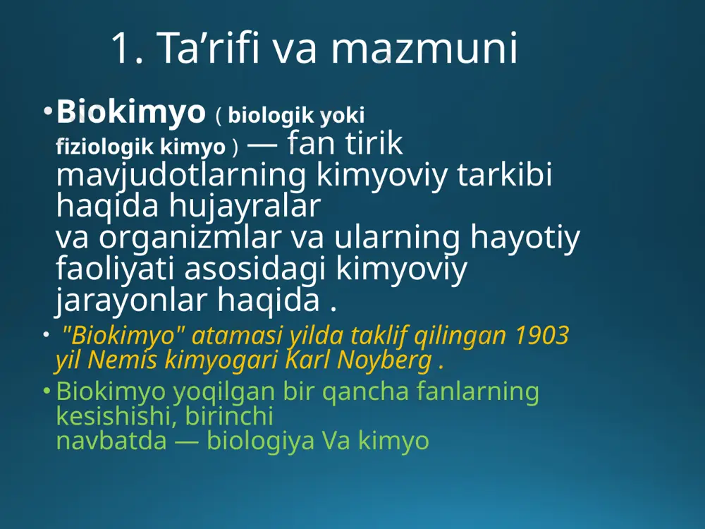 1. ta’rifi va mazmuni 2.funksional biokimyo. u metabolizm va tana funktsiyalari o'rtasidagi bog'liqlikni o'rganadi. jismoniy tarbiya va sport biokimyosi ham shu bo'limga kiradi . biokimyo fkis jismoniy tarbiya bo'yicha oliy ma'lumot olayotgan mutaxassis uchun biokimyoni bilish zarur, chunki u: - organizmlarning hayot qonuniyatlarini molekulyar darajada ochib beradi; - organizmda sodir bo'ladigan jarayonlarning sabab-oqibat munosabatlarini o'rnatadi; - mushak faoliyati davomida biokimyoviy o'zgarishlar xususiyatlarini o'rganadi; - sport mashg'ulotlari va ish faoliyatini oshirishning biokimyoviy tamoyillarini ochib beradi; - sportda biokimyoviy nazorat (doping nazorati va boshqa masalalar) haqida gapiradi. rivojlanish tarixi mustaqil fan sifatida biokimyo taxminan 100 yil oldin shakllangan, ammo odamlar qadimgi davrlarda biokimyoviy jarayonlardan foydalangan, ularning asl mohiyatini bilishmagan . o'sha paytda bunday jarayonlar texnologiyasi non pishirish, pishloq tayyorlash, vinochilik, teridan tikish jang qilish zarurati kasalliklar meni organizmdagi moddalarning o'zgarishi haqida o'ylashga va dorivor o'simliklarning shifobaxsh xususiyatlariga tushuntirishlar izlashga majbur qildi. o'simliklardan foydalanish ovqat, tayyorlash uchun bo'yoqlar va matolar moddalarning xossalarini tushunishga …