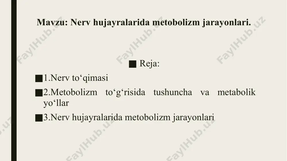 si shaklida bo‘lishi mumkin. 2. ekzogen moddalarning hujayra organellalarida parchalanishi va hujayra makromolekulyar kompanentlari o‘tmishdoshiga aylanishi. 3. makromolekulalar sintezi va parchalanishi. metabolik reaksiyalarning ketma-ket kechishi, ayniqsa, markaziy metabolik yo‘llar, barcha tirik organizmlarda bir xildir. bularga krebs sikli, glikoliz, oqsil, yog‘lar, karbon suvlar biosintezi va boshqalar kiradi. bu bilan birga har bir turdagi tirik organizm o‘zining spetsifik metabolik yo‘llariga egadir. masalan: odam, qushlar, reptiliyalarda purin asoslari siydik kislotasigacha parchalanadi, boshqalarda – siydikchil va glioksalat yoki allantoin hosil bo‘ladi. tirik organizm tashqi muhit ta’sirida va qanday ozuqa mahsulotlari ishlatilishiga qarab metabolizm yo‘nalishlari ma’lum darajada o‘zgarishi mumkin. masalan: anaerob sharoitda glikoliz jarayonlari ustun turadi, aerob sharoitda esa – krebs sikli va oksidlanish-fosforillanish jarayonlari ustunlik qiladi. metabolik yo‘llarning bir necha xil tafovut qilinadi: 1. markaziy metabolik yo‘llar – bir necha yuz gramm oqsillar, karbon suvlar, yog‘lar parchalanishi natijasida co2, h2o va energiya hosil bo‘ladi. 2. ikkilamchi metabolik yo‘llar – bu spetsifik moddalarning hujayrada hosil …