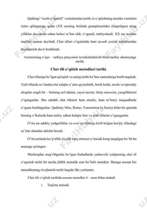 arab, fors, turkey tillar chuqur o’rgatilgan. bu metod asosan ikki ko’rinishda; 1. gramatik tarjima metodi. 2. matn tarjima metodi. “gramatika – tarjima metodi” namoyondalari so’z va gap tarjimasini gramatika qoidalarini o’rgatish uchun tatbiq etganlar. matn tarjima tarafdorlari esa matnini o’qish va uning mazmunini tushunishda tarjimadan foydalanishni maqsad qilib qo’ygan. xar ikkala tarjima metodini qo’llashdan faqat ta’limiy maqsad ko’zlangan. chet tili retseptiv tarzda o’rganilgan. o’z davrining tilshunoslik va ruhshunoslik malumotlariga asoslanib, chet til o’qitish metodlari ishlab chiqilgan. ayrimlar xozirgacha tarjima metodlari usullaridan noo’rin foydalanishmoqda. m; matnni og’zaki tarjima qilish g’ayrimetodik usulidir. matnning ayrim jumlalari yoki bir – ikki bo’lagini muayyan maqsadda tarjima qilish man etilmaydi. lug’atdan foydalanib, yangi so’zlarning manolarini ochish maqsadida tarjima qilishga mo’ljallangan kichik matnlar berilishi mumkin. bu yerda matnni tarjima qilishdan ko’zlanadigan metodik muddao lug’atdan foydalanishni o’rgatishdir. to’g’ri metod: metod nomining kelib chiqishiga asosiy sabab shundan iboratki, to’g’ri metodda o’qitish chog’ida ona tilini chetlab o’tib, chet til sozi …