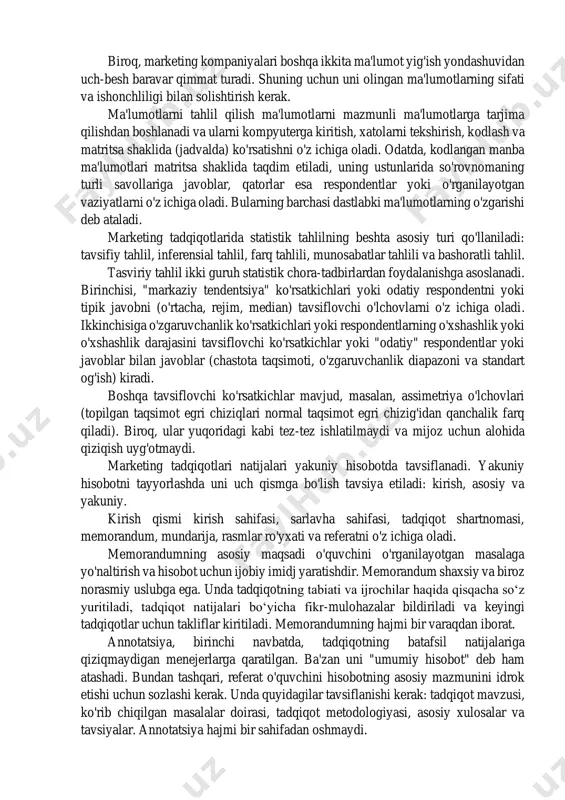 nye-sposoby-sbora-informacii-metody-sbora-informacii/ namuna hajmini aniqlashning eng ko'p qo'llaniladigan usullari: · ixtiyoriy usul (umumiy aholining 5-10%); statistik usul (hisoblangan versiya, jadval va grafik); empirik (namuna barcha yangi ma'lumotlar faqat kichik o'zgarishlarni kiritganda etarli deb hisoblanadi); qimmat metodologiya. marketing rejasini ishlab chiqqandan so'ng, siz ma'lumotlarni to'plashni boshlashingiz mumkin. ma'lumot to'plashning kamida uchta muqobil yondashuvi mavjud: buni o'zingiz qiling, ishchi guruhini tashkil qilish yoki tijorat ma'lumotlar yig'uvchi kompaniyalarni yollash orqali qiling. birinchi holda, tashkilotning marketing xizmati xodimlari ma'lumotlarni mustaqil ravishda, aytaylik, suhbatlar orqali to'playdi. shubhasiz, bu holatda etarli darajada joylashtirilgan xodimlar bo'lishi kerak. keng miqyosda, masalan, milliy miqyosda ma'lumotlarni yig'ish juda muammoli. muvaqqat guruh odatda telefon orqali yoki yuzma-yuz suhbatlar o‘tkazish uchun past malakali mutaxassislardan, masalan, talabalardan iborat. bunday holda, suhbatdoshlar bilan bir nechta trening mashg'ulotlarini o'tkazish kerak. yig'ilayotgan ma'lumotlarning sifatini (anketalarni intervyu oluvchining o'zi to'ldiradimi?), intervyu oluvchilarning ish motivatsiyasini nazorat qilish kerak. orqada o'tgan yillar mamlakatimizda va xorijda kichik va yirik firmalar tijorat …