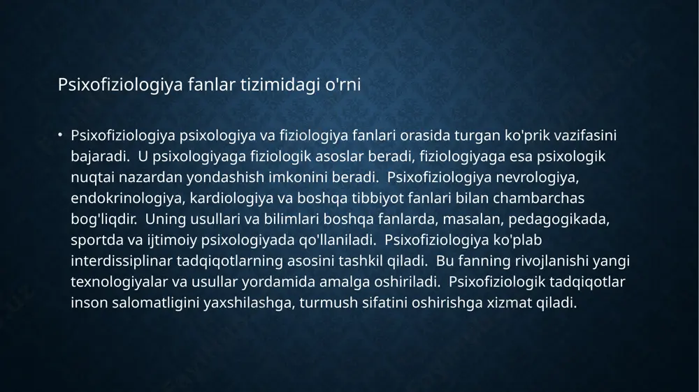 iologiya asoslari o'quv qo'llanma samarqand 2020 4. psixofiziologik tadqiqot usullari monografiya toshkent 2019 5. stress va uning fiziologik asoratlari ilmiy maqola toshkent 2018 adabiyotlar /docprops/thumbnail.jpeg
