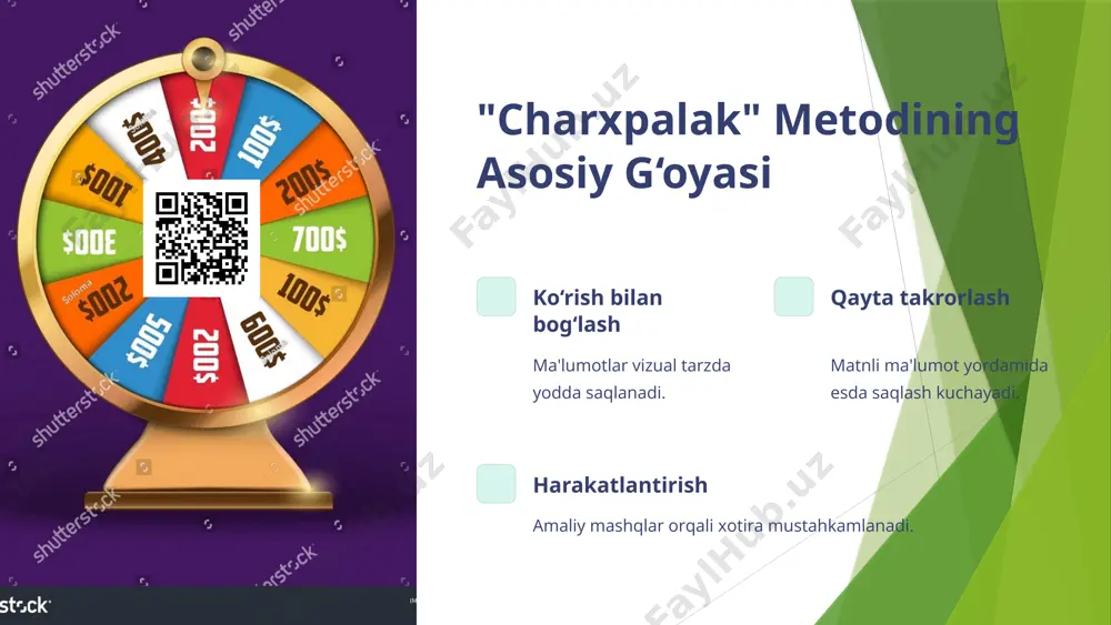 htirish. 9 asosiy xulosalar va kelajak rejalari samarali o‘rganish "charxpalak" xotira metodini qo‘llash ta'limda samaradorlikni oshiradi. faol o‘qituvchilar metod o‘qituvchilar uchun yangi usullarni ochadi. kelajakdagi rivojlanish masofaviy ta'lim va raqamli vositalar bilan kengaytirish rejalashtirilgan. 10 e`tiboringiz uchun raxmat! image1.png image2.png image3.png image4.png image5.png image6.png image7.png image8.png image9.png image10.png image11.png image12.png image13.png image14.png image15.png image16.png image17.png image18.png