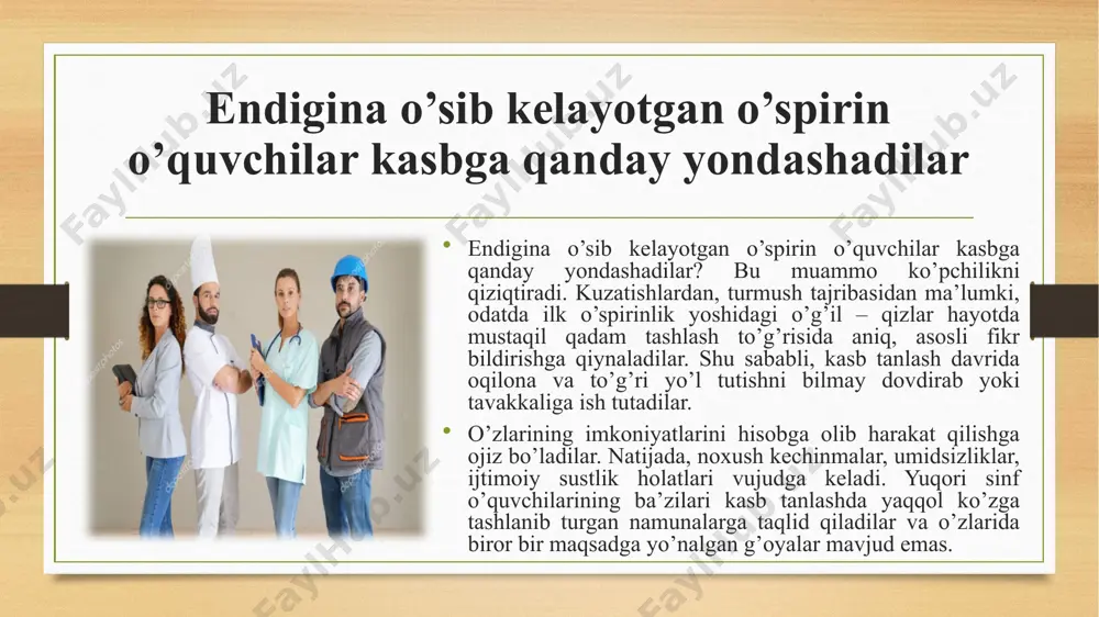 adir. kim bo‘lish (kasbiy o‘zlikni anglash) va qanday bo‘lish (axloqiy o‘z-o‘zini anglash) muammolari o‘smirlik davrida farqlanmaydi. o‘smir va o‘spirinlarning hayotiy rejalari tarqoq bo‘lib, ularning amaliy faoliyatiga mos kelmaydi. ilk o‘spirinlar “hayotiy rejalaringiz bormi?” degan savolga “ha” deb javob berishgan, lekin ko‘pchilik hayotiy reja sifatida o‘qish, kelajakda qiziqarli ish bilan shug‘ullanish, sodiq do‘stlarga ega bo‘lish va ko‘p sayohat qilish deb ta’kidlashgan hayotiy reja – bu faoliyat rejasidir, u birinchi navbatda kasb tanlashga bog‘liq hayotiy reja faqat so‘nggi natijagina emas, unga erishish usul va yo‘llari, unga zarur bo‘ladigan ob’ektiv va sub’ektiv imkoniyatlar e’tiborga olingandagina bu so‘zning asl ma’nosi vujudga keladi. faol va xayolotga beriluvchan orzudan farqli ravishda, hayotiy reja – bu faoliyat rejasidir, u birinchi navbatda kasb tanlashga bog‘liq. ilk o‘spirin uchun kasb tanlash ilk o‘spirin uchun kasb tanlash avvalo axloqiy muammodir. o‘zbekiston respublikasi konstitutsiyasida ham shaxs mehnat qilish huquqi bilan birga, o‘z qobiliyati, layoqati va qiziqishiga ko‘ra kasb tanlash huquqiga egaligi …