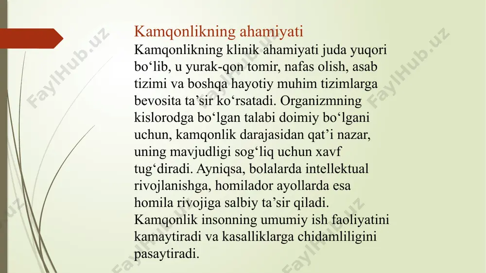 bolalikda ovqat orqali ehtiyoj qoplanmasligi oziqlanish profilaktikasi va tuzatish bilan ko‘plab kamqonlik holatlari oldini olish mumkin. qon ketish — kamqonlikning asosiy sababi sifatida qon yo‘qotilishi kamqonlikning eng keng tarqalgan sabablaridan biri bo‘lib, quyidagicha bo‘linadi: akut qon ketish: masalan, travma, operatsiya, qon ketuvchi kasalliklarda surunkali qon ketish: me’da-ichak kasalliklari (yaralar, gemorroy), hayz ko‘payishi qon ketish bilan birga temir ham yo‘qotiladi, bu esa temir tanqisligi anemiyasiga olib keladi. genetik va irsiy omillar kamqonlik ayrim hollarda irsiy kasalliklar bilan bog‘liq bo‘ladi: talassemiya: gemoglobin zanjirlarining sintezi buzilishi orak hujayrali anemiya: gemoglobinning anormal shakli tufayli eritrotsitlar deformatsiyalanadi sferotsitoz: eritrotsit membranasining genetik defekti bu holatlar asosan gemolitik anemiyalar guruhiga kiradi va erta yoshda aniqlanadi. ichki kasalliklar bilan bog‘liq kamqonliklar ko‘plab surunkali kasalliklar fonida kamqonlik rivojlanishi mumkin: buyrak yetishmovchiligi: eritropoetin sintezi pasayadi qandli diabet: qon tomirlar zararlanishi va nefropatiya orqali onkologik kasalliklar: suyak ko‘migi bostiriladi autoimmun kasalliklar: eritrotsitlarga qarshi antitanalar paydo bo‘ladi bu turdagi anemiyalar “surunkali kasalliklar …