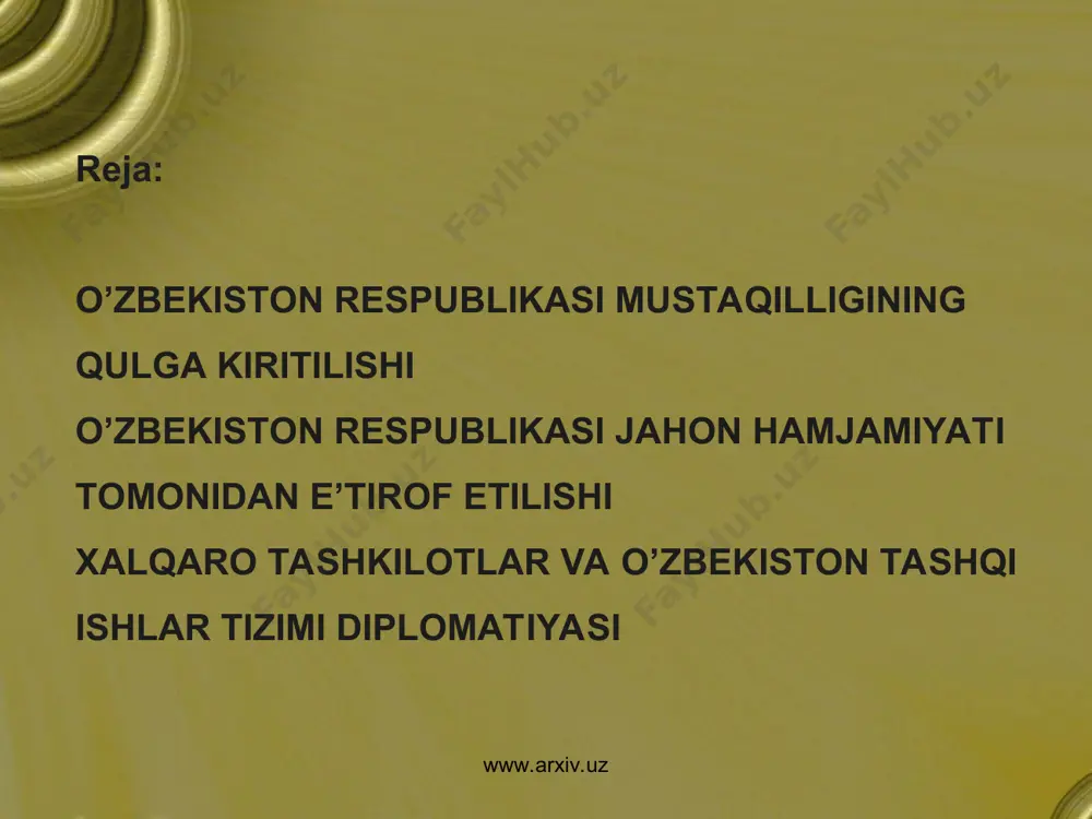 va rivojlangan davlatlar safidan o’rin olishi uchun eng qulay sharoitlarni yaratishdan iboratdir. o’zbekiston o’z tashqi siyosatida quyidagi printsiplarga sodiq bo’lib qolmoqda: - o’zining milliy manfaatlariga asoslangan ochiq, pragmatik va puxta o’ylangan tashqi siyosat olib borish; - teng huquqlilik va o’zaro manfaatdorlik, suverenitetni, hududiy yaxlitlikni hurmat qilish, chegaralarning daxlsizligi va davlatlarning ichki ishlariga aralashmaslik, munozarali masalalarni tinch yo’l bilan hal etish, kuch ishlatmaslik yoki kuch bilan tahdid qilmaslik. www.arxiv.uz www.arxiv.uz tashqi siyosiy faoliyat kontseptsiyasiga muvofiq, o’zbekiston respublikasi davlatning, xalqning oliy manfaatlariga, uning farovonligi va xavfsizligiga, mamlakatni modernizatsiya qilishning ustuvor yo’nalishlariga, amaldagi milliy qonunchilik hamda qabul qilingan xalqaro majburiyatlarga amal qilgan holda ittifoqlar tuzish, hamdo’stliklarga va boshqa davlatlararo tuzilmalarga kirish, shuningdek ulardan chiqish huquqini o’zida saqlab qoladi. www.arxiv.uz www.arxiv.uz o’zbekiston tinchliksevar siyosat yuritadi va harbiy-siyosiy bloklarda ishtirok etmaydi, har qanday davlatlararo tuzilmalar harbiy-siyosiy blokka aylangan taqdirda, ulardan chiqish huquqini o’zida saqlab qoladi. o’zbekiston respublikasi qo’shni davlatlardagi qurolli mojarolarga va keskinlik uchoqlariga tortilishining …