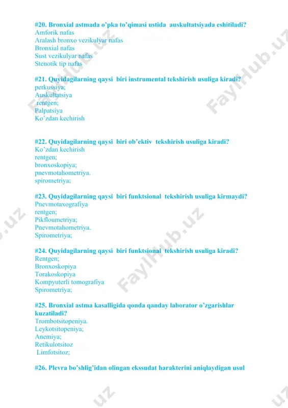 o’shlig’idada o’choqli pnevmoniya plevral shvartlar o’pka enfizemasi #50. o’pkada perkutor tovushini bo’g’iqlashishi qachon kuzatiladi: bronxial astmada kavernoz o’pka tuberkulyozida quruq plevritda o’pka emfizemasida krupoz pnevmaniyapi ii bosqichida #51. perkutor tovush bo’g’iqlashishi kuzatiladi: emfizemada sil kavernasi ustida pnevmatoraksda bronxit pnevmosklerozda #52. timpanik perkutor tovush aniqlanadi: pnevmatoraksda pnevosklerozda gidrotoraksda atelektazda piotoraksda #53. qachon o’pka ustida quti tovushi aniqlanadi: emfizema o’pka ateleklazi ekssudativ plevrit krupoz pnevmaniya o’pka raki #54. o’pkadagi qanday o’zgarishlar bo’lsa bo’g’iq tovush aniqlanadi: krupoz pnevmaniyani ii boskichi tuberkulyoz kavernasi o’pka emfizemasi pnevmotoraks surunkali bronxit #55. quruq plevritda qanday perkutor tovush hosil bo’ladi aniq o’pka tovushi absolyut bo’g’iq (son) yoki bo’g’iqrok tovush timpanik tovush timpanik ohangdagi bo’g’iqlashgan tovush qutisimon tovush #56. gidrotoriksda qanday perkutor tovush hosil bo’ladi anik o’pka tovushi timpanik tovush timpanik ohangdagi bo’g’iqlashgan tovush qutisimon tovush absolyut bo’g’iq (son) yoki bo’g’iqroq tovush #57. obturatsion atelektazda qanday perkutor tovush hosil bo’ladi aniq tovush o’pka tovushi timpanik tovush bo’g’iq tovush qutisimon …