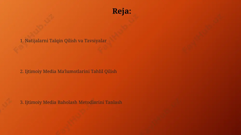 k biznes egalarining 30% raqobatchilarini tahlil qilishda asosiy raqiblarining narx siyosati va mahsulot assortimentini qo'lda tahlil qilish usullaridan foydalanadilar, bu esa biznes samaradorligini past darajada ushlab turishga olib keladi. 2023-yilgi ma'lumotlarga ko'ra, o'zbekistondagi 50 ta yirik brendning 40 foizi raqobatchilarini tahlil qilish uchun maxsus dasturlar va platformalardan foydalanadi, bu esa marketing strategiyasini 15% ga yaxshilashga yordam beradi. ishtirok darajasini o'lchash самарқанд вилоятидаги 500 нафар фойдаланувчининг сўровномаси натижалари шуни кўрсатдики, facebook ва instagram каби платформалардаги постларга "лайк" ва шарҳлар сони, шунингдек, постларни кўриш сони иштирок даражасини баҳолашда муҳим метрика ҳисобланади. ўзбекистон бўйлаб ўтказилган онлайн-сўровномада 1500 дан ортиқ иштирокчи ижтимоий тармоқлардаги гуруҳлардаги фаолликни, яъни постларни ўқиш, шарҳ қолдириш ва бошқаларни баҳолаш орқали иштирок даражасини ўлчашнинг аҳамиятини таъкидладилар. hisobot tuzish va taqdim etish hisobotda 1000 dan ortiq foydalanuvchi so'rovi natijalari va 5000 ta postning mazmun tahlili natijalariga asoslangan xulosalar berilgan. 2023-yilgi hisobotlarda toshkent shahridagi 5 ta ijtimoiy tarmoq platformasining o'zaro taqqoslash tahlillari va …