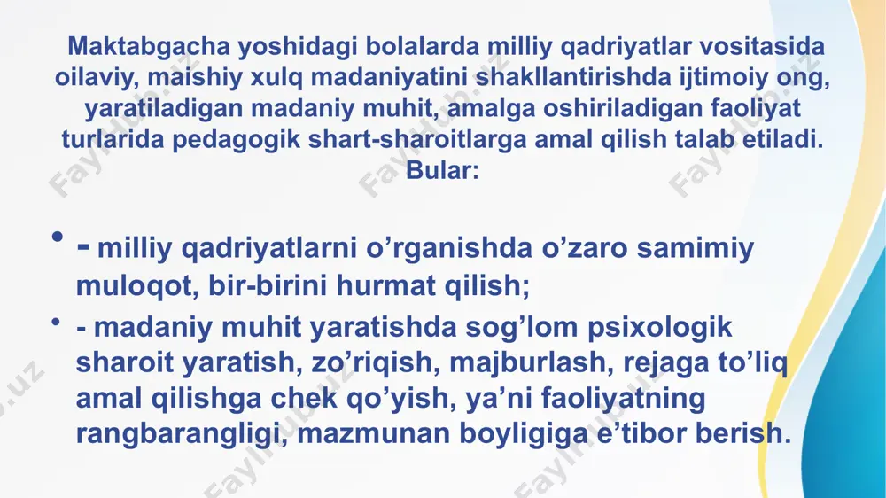 da mashg‘ulotlarning shakl va uslublari, vositalarini mazmunan tanlay bilish, tanlangan mavzularningmaqsadi, tarbiyaviy ahamiyati, samarasi haqidagi bilimlarga ega bo‘lish;– – maishiy-madaniy tarbiyaga doir bilimlarni o‘rgatishda oila a’zolarining madaniy saviyasi, e’tiqodi, an’analarga munosabati, oila muhitini hisobga olish, xalq teatri, musiqa, madaniyat uyi,havaskorlik va folklor dastalari kabi vositalardan foydalanish va ularga ega bo‘lish. masalan, bolaning ertalabgi salom bilan guruhga kirib kelishi, kiyinishdagi batartiblik, o‘zini tutishi, so‘zlashishda xatti-harakatlardan tortib, o‘yinchoqlariga munosabati, guruhdagi ozodalik va boshqa tartiblarga rioya etish, ovqatlanish qoidalariga rioya etish, mashg‘ulotlarda o‘zini tutishi va faol ishtirokigacha kuzatib boradi va ma’lum maqsadda yo‘l-yo‘riqlar beradi. maktabgacha tarbiya yoshidagi bolalarning o‘ta ta’sirchanligini hisobga olib, milliy an’analar, udumlar, urf-odatlar, marosimlardan foydalanishda xulq-odob madaniyatini shakllantirishda muayyan me’yorga rioya qilish zarur. 1. milliy qadriyatlar asosida egallangan bilimlarning maktabgacha tarbiya yoshidagi bolalarda xulq madaniyatini shakllantirishga yo‘naltirilgan mashg‘ulotlar. 2. maktabgacha tarbiya yoshidagi bolalarning milliy qadriyatlar vositasida xulqiy madaniyatini shakllantirishga xizmat qiluvchi an’analar udumlar, urf-odatlar, maishiy qadriyatlar asosida uyushtirilgan ijodiy o‘yinlar. …