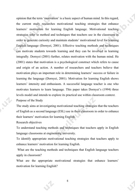and pedagogical basis for using realities and tools research on l2 motivation was initiated by gardner (1985) and his associates in canada. their initial aim was to investigate learners’ attitude towards second language as well as community. after gardner’s initial concept of second language (sl) motivation, a number of researchers (crookes and schmidt, 1991; oxford and shrine, 1994; dornyei, 1994; williams and burden, 1999; ushioda, 1996a) turned their attentions toward second language (sl) motivation and traced out the gap between sl motivation and educational psychology. dornyei (1994) states that the gardner’s socio-educational model (1985) includes only general educational aspects and his motivation test battery (amtb) do not present sufficient elements that indicate motivation in classroom situations. therefore, after 1990s it would be right to say that research on l2 motivation shifted from social milieu to classroom context. various theories of motivation broadly speaking, motivation itself is an umbrella term which …