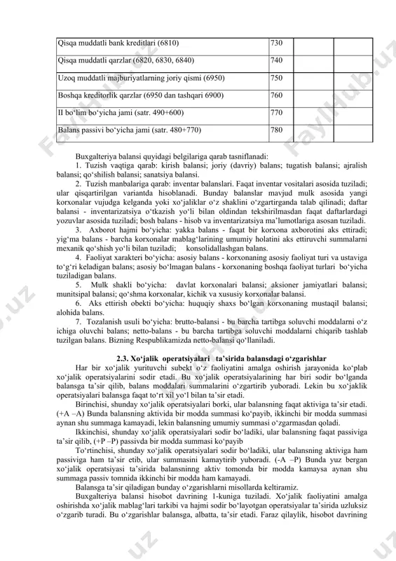 li qarz (7120) 520 uzoq muddatli kechiktirilgan daromadlar (7210, 7220, 7130) 530 soliq va majburiy to‘lovlar bo‘yicha uzoq muddatli kechiktirilgan majburiyatlar (7240) 540 boshqa uzoq muddatli kechiktirilgan majburiyatlar (7250, 7290) 550 xaridorlar va buyurtmachilardan olingan bo‘naklar (7300) 560 uzoq muddatli bank kreditlari (7810) 570 uzoq muddatli qarzlar (7820, 7830, 7840) 580 boshqa uzoq muddatli kreditorlik qarzlar (7900) 590 joriy majburiyatlar, jami (satr. 610+630+640+650 +660+670+680+690+700+710+720+730+740+750+760) 600 shu jumladan: joriy kreditorlik qarzlari (satr. 610+630+650+670+680+690+700+710+720+760) 601 shundan: muddati o‘tgan joriy kreditorlik qarzlari 602 mol etkazib beruvchilar va pudratchilarga qarz (6000) 610 ajratilgan bo‘linmalarga qarz (6110) 620 sho‘‘ba va qaram xo‘jalik jamiyatlarga qarz (6120) 630 kechiktirilgan daromadlar (6210, 6220, 6230) 640 soliq va majburiy to‘lovlar bo‘yicha kechiktirilgan majburiyatlar (6240) 650 boshqa kechiktirilgan majburiyatlar (6250, 6290) 660 olingan bo‘naklar (6300) 670 budjetga to‘lovlar bo‘yicha qarz (6400) 680 sug‘urtalar bo‘yicha qarz (6510) 690 maqsadli davlat jamg‘armalariga to‘lovlar bo‘yicha qarz (6520 700 ta’sischilarga bo‘lgan qarzlar (6600) 710 …