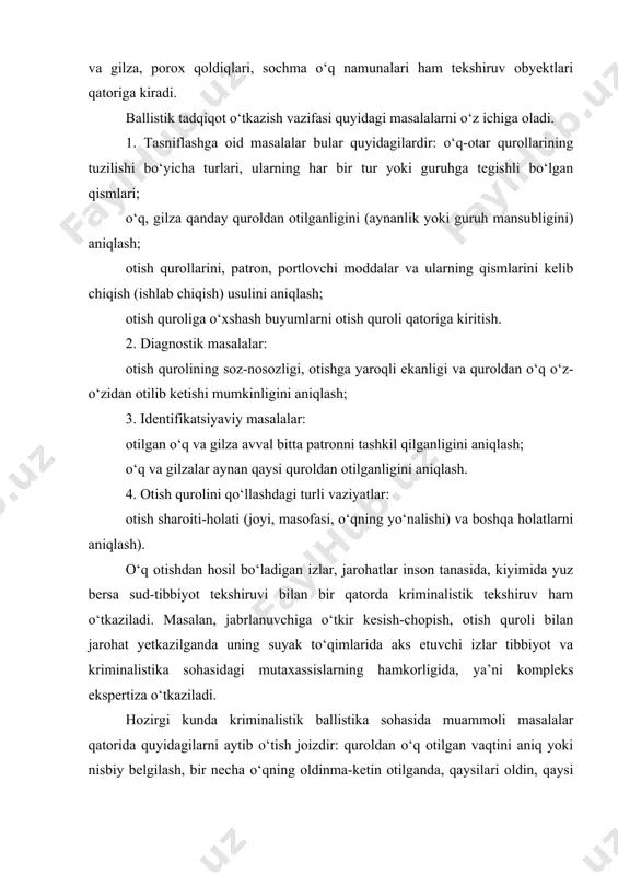 roldan necha marotaba o‘q-otilganligini aniqlash va boshqa masalalar. ushbu muammolarning har birini yechilishi alohida uslublar va texnik vositalarni talab qiladi. ammo keltirilgan masalalar o‘zaro bog‘liqligi sababli ularni bir vaqtning o‘zida kompleks tartibda hal etmoq lozim. 2.o‘q-otish qurollarining turlari va qismlari tergov va ekspertiza amaliyotida jinoiy maqsadda ishlatiladigan o‘q otish qurollaridan ko‘p hollarda kichik, kalta stvolli qo‘lda otishga mo‘ljallanganlari uchrab turadi. otish qurolining stvoli (o‘q chiqadigan yo‘li) silliq silindr shaklida bo‘lib boshlanish joyi dasta ustida bo‘lib, chiqish (uchi) dan biroz diametri jihatdan kattaroq bo‘ladi. bu joyni ballistkada “patronnik” - o‘q bilan gilzaning birgaligini tashkil qiluvchi patronlarning joylashuv joyi ham deyiladi. otishga tayyorlangan patron stvolning bosh tomonida joylashgan bo‘lib, harbiy holatga keltirilganda patronning gilza ustidagi kapsuli (portlovchi poroxni yondiruvchi qismi) tepki to‘g‘risiga joylashadi. stvolning uzun va qisqa bo‘lishi quyidagicha: uzun stvollik qurollar (uzunligi 40smdan ortiq bo‘lganlari) o‘rta uzunlikdagi stvollar (20smdan 40smgacha bo‘lgan) va qisqa stvoli qurollar (uzunligi 20smdan qisqa bo‘lganlar). uzun stvolliklarga …