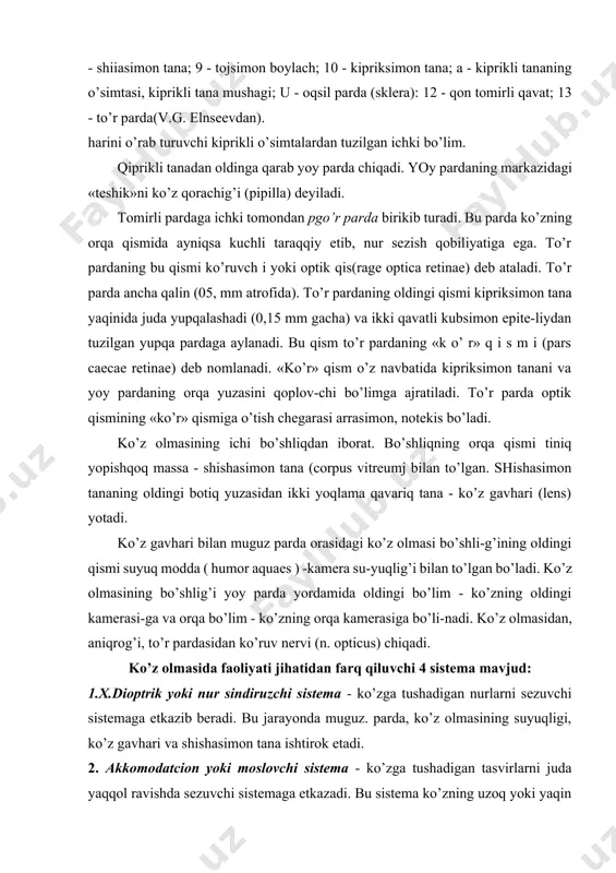 lari embrion taraqqiyotining 3-haftasida oldingi miya pufagi yon devorining pastki qismidan ikkita bo’rtma shaklida paydo bo’ladi. bu bo’rtmalar ko’z pufaklari deb atalib, dastlab oraliq miya bo’shlig’i bilan tutashib turadi. keyinchalik, ko’z pufakchalarini oraliq miya bilan tutashtiruvchi qism torayib, ingichka kanalga aylanadi va ko’z pufagining oyoqchasini: tashkil etadi. ko’z pufakchalari paydo bo’lishi bilan ayni bir vaqtda ko’z: pufagi sirtiga yondoshgan ektodermada murakkab jarayonlar sodir bo’lib, ko’z gavharining hosil bo’lishiga olib keladi. ektodermaning bu qismida hujayralar ko’paya boshlaydi va natijada-ektoderma qalinlashib, ko’z gavhari kurtagini hosil qiladi. bu kurtak asta-sekin kattalashib ektodermal cho’ntak shaklida ko’z pufagiga botib kirib, uning devorini ikki qavatdan iborat qadahsimon tuzilmaga aylantiradi. ko’z gavhari cho’ntagining tashqi tomoni qo’shilib gavhar pufakchasiga aylanadi va bu pufakcha ektodermadan ajraladi. ko’z pufagining devoridan hosil bo’lgan qadahsimon tuzilmaning ichki yuzasi bilan gavhar orasiga mezenxima o’sib kiradi. qadahsimon tuzilmaning ichki varag’idan to’r parda, tashqi varag’idan esa pigmentli epiteliy deb ataluvchi to’r pardaning yuza epiteliysi vujudga …