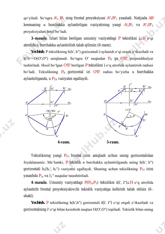 masalan, c nuqtasidan i′⊥h aylanish o‘qi o‘tkaziladi va bu o‘q atrofida uchburchakni h1⊥v (epyurda h′1⊥v) vaziyatga kelguncha aylantiriladi. bunda, uchburchakning a, b va c nuqtalari ham φº burchakka harakatlanadi. chizmada uchburchak uchlarning yangi a′1, b′1 va c′1 proyeksiyalari orqali uning a″1b″1c″1 frontal proyeksiyalarini aniqlanadi. bu nuqtalar o‘zaro tutashtirilsa, a″1b″1c″1 kesma (uchburchakning yangi frontal proyeksiyasi) hosil bo‘ladi. bu kesmaning ox o‘qi bilan tashkil etgan α burchagi ∆abc ni h tekislik bilan hosil etgan burchagiga teng bo‘ladi. 8-rasm. geometrik shaklni proyeksiyalar tekisligiga parallel o‘q atrofida aylantirish. umumiy vaziyatda joylashgan tekis geometrik shakllarni proyeksiyalar tekisliklariga parallel bo‘lgan o‘qlar atrofida aylantirib, ba’zi metrik masalalarni yechish mumkin. bunda, aylanish o‘qi sifatida umumiy vaziyatda joylashgan geometrik shaklning asosiy chiziqlari – gorizontal yoki frontallaridan foydalaniladi. geometrik shaklni uning gorizontali atrofida aylantirib, h tekislikka parallel vaziyatga, shuningdek, uni frontali atrofida aylantirib, v tekislikka parallel vaziyatga keltirish mumkin. geometrik shakl proyeksiyalar tekisligiga parallel o‘q atrofida aylantirilganda uning har bir …