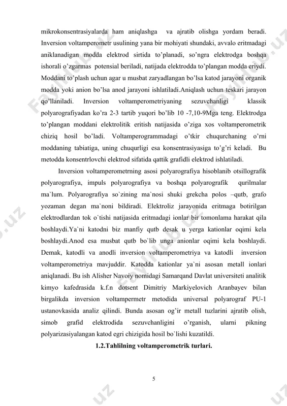 lаt universiteti аnаlitik kimyo kаfedrаsidа k.f.n dotsent dimitriy mаrkiyelovich аrаnbаyev bilаn birgаlikdа inversion voltаmpermetr metodidа universаl polyarogrаf pu-1 ustаnovkаsidа аnаliz qilindi. bundа аsosаn og’ir metаll tuzlаrini аjrаtib olish, simob grаfid elektrodidа sezuvchаnligini o’rgаnish, ulаrni pikning polyarizаsiyalаngаn kаtod egri chizigidа hosil bo`lishi kuzаtildi. 1.2.tahlilning voltamperometrik turlari. analiz jarayonida operativ nazoratning imkoniyati mavjuligi; yacheykaning avtomatik tarzda yoqilishi va o`chirilishi; voltamperometrli katodli va anodli inversiya holatlarida ishlash mumkinligi; potensiallar razverstkasining kengaytirilgan tezliklar diapazoni, signalning raqamli filtrasiyasi, natijasida qator metallarni aniqlashning sezgirligi oshadi. bu ishda, shaxsiy kopmyuterga ulanish orqali, gomel zavodida yaratilgan pu- polyarografning nisbatan oddiy modernizasiyalash imkoniyatlari ko`rsatilgan. ushbu voltamperometrli kompleksning ustunligi bir zumdagi analitik signalning xarakteri va kattaligining o`lchanish natijalari, ularni ma`lumotlar bazasini tashkil etish maqsadida xotiraga yozib olish, tezda qulay usulda msoffice dasturiga uzatish orqali qog`ozga chiqarish imkoniyati mavjudligidir. amaliy grafikli dasturlar kompleksining quyidagilarni ta`minlaydi: • og`ir metallar piklarini aniqlash; • voltamperli chiziqlarni qayta ishlash; • analiz natijalarini rasmiylashtirish; • jadvallar …