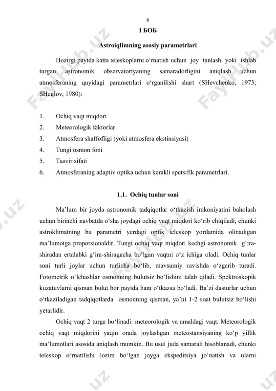 asosida aniqlash mumkin. bu usul juda samarali hisoblanadi, chunki teleskop o‘rnatilishi lozim bo‘lgan joyga ekspeditsiya jo‘natish va ularni meteostansiya bilan jihozlash talab qilinmaydi. observatoriya uchun joy tanlanib, qurilish boshlanganidan so‘ng ochiq vaqtning haqiqiy miqdorini aniqlasa bo‘ladi. ko‘pincha bu tasvir sifati, ekstinktsiyani o‘lchash paytida astroiqlim tadqiqotchisi tomonidan amalga oshiriladi. ochiq vaqt har soatda (yoki har 3 soatda) 10 ballik shkala asosida aniqlanadi. bunda 1 ball osmonning 10% i bulutli ekanligini, 2 ball esa osmonning 20% bulitli ekanligini bildiradi, va xokazo. 10 ball esa osmonning 100% bulut bilan qoplanganligini bildiradi [4]. shuni takidlash joizki, ko‘pincha 2 ta metod bilan olingan ma’lumotlar chiziqli korrelyatsiyaga ega bo‘ladi. bog‘lanish koeffitsiyentini bilgan xolda bir turdan ikkinchisiga o‘tish mumkin. masalan: toshkent uchun bu koeffitsiyent mart oyida 1,2 ga teng, ya’ni mart oyida meteorologik ochiq vaqt miqdori 50% ni tashkil qilsa, haqiqiy tadqiqot vaqti 60% ga teng (sheglov, 1980). markaziy osiyoning turli joylaridagi tungi ochiq soatlar miqdorini taqqoslash …