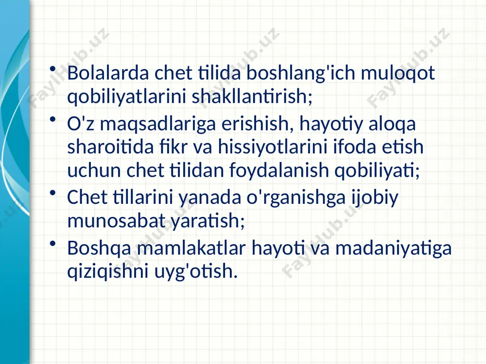 siy maqsadlari: это другой параметр для обзорных слайдов, использующих переходы. 3 maktabgacha yoshi, ayniqsa, chet tilini o'rganishni boshlash uchun juda qulaydir: bu yoshdagi bolalar til hodisalariga nisbatan sezgirligi bilan ajralib turadi, ular o'zlarining nutq tajribalarini, tilning "sirlarini" tushunishga qiziqishadi. ular kichik hajmni osongina va qat'iy eslashadi til materiali va uni yaxshilab ko'paytiring. yoshi bilan bu qulay omillar kuchini yo'qotadi. 4 chet tilni o'rganish uchun erta yosh afzalroq bo'lishining yana bir sababi bor. bola qancha yosh bo'lsa, shuncha kamroq bo'ladi so'z boyligi yilda mahalliy til, ammo shu bilan birga uning nutqiga bo'lgan ehtiyojlari ham kam: kichik bolada aloqa sohalari katta yoshdagilarga qaraganda kamroq, u hali murakkab aloqa muammolarini hal qilishi shart emas. bu shuni anglatadiki, u chet tilini o'zlashtirganda, ona va chet tillaridagi imkoniyatlar orasidagi bunday katta farqni sezmaydi va uning muvaffaqiyat hissi kattaroq bolalarnikiga qaraganda yorqinroq bo'ladi. 5 bolalarni o'qitish - bu maktab o'quvchilari va kattalarga qaraganda mutlaqo boshqacha uslubiy …