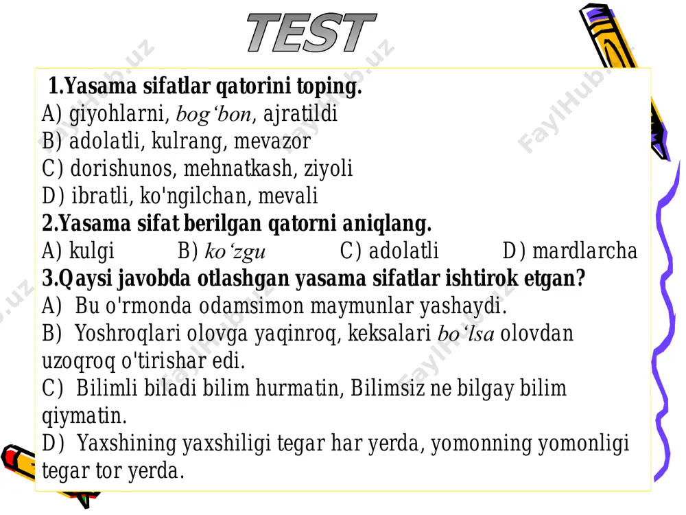 mavzu bayoni 15 daqiqa 4 yangi mavzuni mustahkamlash 10 daqiqa 5 o`quvchilarni rag`batlantirish. darsni yakunlash. 10 daqiqa 6 uyga vazifa 2 daqiqa jami 45 daqiqa darsning borishi. i.tashkiliy qism:  salomlashish,  o’quvchilarni darsga tayyorgarliklarini tekshirish.  aylanma daftarlarni almashtirish.  chiroyli va xatosiz yozish yuzasidan ko`rsatmalar beraman. 265- mashq. o‘qing. matnda qaysi olmoshlar qatnashganini ayting. 1. – rahimjon, otingiz judayam chiroyli ekan, –dedim men. rahimjon yalt etib menga qaradi. rahimjonning ko‘zlarida sevinch, g‘urur bor edi. 2. rahimjon ikkimiz o‘zimizni oftobga solib yotdik. men rahimjonga tikilib yotardim. rahimjonning oftobda kuygan, tog‘ shamoli yalagan badani qizg‘ish cho‘yanga o‘xshardi, hozir unga juda-juda havasim keldi. (yo‘ldosh shamsharovdan) ajratib ko‘rsatilgan otlarning o‘rniga shu otlarni ko‘rsatadigan olmoshlarni qo‘yib o‘qing. matnda qanday o‘zgarish sezdingiz? otingiz so‘ziga ma‘nodosh so‘z toping. matnda qaysi so‘z ko‘chma ma‘noda qo‘llangan? ii.o`tgan mavzuni mustahkamlash: bilimingizni tekshiring.  gap deb nimaga aytiladi?  gaplar ifoda maqsadiga ko'ra qanday turlarga bo’linadi?  qanday gaplarni …