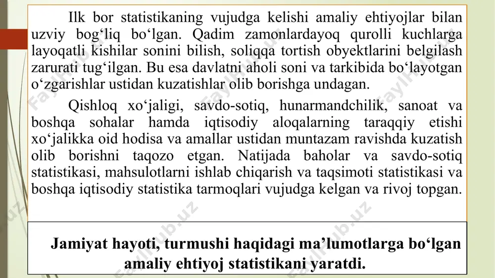 adigan obyekt, ya’ni, ommaviy hodisa va jarayonlarning sifat-miqdor aniqligi, ularning rivojlanish qonuniyatlarini miqdoriy nisbatlarda yuzaga chiqishi, o‘rganilayotgan obyekt mazmunini belgilaydigan bilimlar majmuasi nazarda tutiladi. bu masalaga statistika qo‘llanish sohalari ham aloqadordir. statistika o‘rganish obyekti - bu ommaviy hodisa va jarayonlardir. statistika ommaviy hodisa va jarayonlarni o‘rganadi. ular biror narsalar to‘plamida va o‘zaro bog‘langan to‘plamlar orasida kechadi. bu yerda hodisa so‘zi jamiyat hayotida, turmushda, tabiatda, bir so‘z bilan aytganda, moddiy dunyoda haqiqatda bo‘lgan real voqeani bildiradi. masalan, oilada bola tug‘ilishi, paxta hosili, ishchilar soni, yog‘ingarchilik (qor yoki yomg‘ir yog‘ishi), atrof-muhit bulg‘anishi va hokazolar. jarayon so‘zi voqealar oqimini, ularning ma’lum makon va zamon sharoitida qanday tezlikda kechishini, yuzaga chiqish yoki chiqmasligini, o‘zgarishini, hodisalar rivojlanishini anglatadi. ommaviy hodisaning umumiy ta’rifi: biror obyektlar to‘plamida yoki murakkab obyekt elementlari majmuasida yuzaga chiqqan voqea. demak, ommaviy hodisa - biror obyektlar to‘plamida sodir bo‘lgan voqea, harakat natijasi. masalan, o‘zbekiston barcha dehqon va shirkat xo‘jaliklari tomonidan bir yilda …