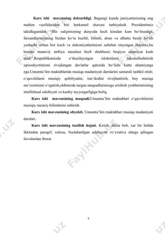 tirish, mustaqil ishlashga o‘rgatishda musiqa madaniyati ta’limi muhim omil xisoblanadi. 1-sinfda “biz musiqani sevamiz” mavzusi asosida kuy va qo‘shiqlar yil fasllariga, hamda bolalar psixofiziologik xususiyatlariga mos holda berilgan, o‘quvchilar ularni darsda, turli tadbirlarda hamda bayramlarda sevib ijro etib, raqsga tushadilar. shuningdek, milliy cholg‘ularimiz bilan tanishadilar, milliy xalq kuy-qo‘shiqlari namunalaridan tinglab, ularga chapak va bolalar cholg‘u asboblarida jo‘r bo‘ladilar. bu esa o‘quvchilarni ilk yoshidanoq milliy musiqamizni idrok etishni o‘rgatishga undaydi. 2-sinfda o‘quvchilar ijrochilik turlari (yakkanavozlik, jo‘rnavozlik, cholg‘uchilar va xonandalar ansambli), musiqaning ifoda vositalari (kuy, o‘lchov usul, dinamik belgilar, temp, repriza) haqida bilimlarga ega bo‘ladilar. o‘zbek xalq kuyi namunalari bilan tanishib, bastakorlar haqida ma’lumotga ega bo‘ladilar. 3-sinfda musiqaning shakl va mazmuni, ansamblь va uning turlari, xor va orkestr, oddiy musiqa shakllari, band va naqarot haqida nazariy bilimlarga ega bo‘ladilar. mavzular yuzasidan yangi kuy va qo‘shiqlar bilan tanishadilar. 4-sinfda o‘zbek xalq musiqa ijodi namunalari bilan tanishib, unda xalq aytimlari va cholg‘ulari, bayram va …