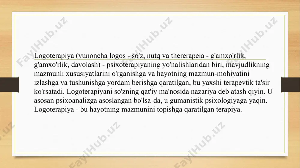 t qiymati. o'zgarishi mumkin bo'lmagan o'ta muhim hayotiy sharoitlarga nisbatan ongli ravishda qabul qilinadi. hayotning ma'nosini ushbu qadriyatlar va ular tomonidan yaratilgan harakatlarning har qandayida topish mumkinligi sababli, v. franklning mantig'iga ko'ra, inson hayoti o'z mazmunini yo'qotadigan holatlar va holatlar mavjud emasligi kelib chiqadi. muayyan vaziyatda ma'no topish v. frankl ma'lum vaziyatga nisbatan harakat imkoniyatlarini anglashni chaqiradi. logoterapiya aynan shu xabardorlikda odamga vaziyatdagi potentsial ma'nolarning butun spektrini ko'rishga va vijdoniga mos keluvchi narsani tanlashga yordam berishga qaratilgan. muhim: ma'no nafaqat topilishi, balki amalga oshirilishi kerak, chunki uni amalga oshirish inson tomonidan o'zi amalga oshirishi bilan bog'liq. ma'noni anglashdagi inson faoliyati mutlaqo bepul bo'lishi kerak.v. frankl insoniyatning noetik darajasi kontseptsiyasini kiritdi, uni biologik qonunlar ta'siridan chiqarishga harakat qildi. irsiyat va tashqi holatlar imkoniyatlarning ma'lum chegaralarini belgilab qo'yganligini anglagan holda, u inson mavjudligining uch darajasining mavjudligini ta'kidlaydi: biologik, psixologik va noetik yoki ma'naviy daraja. ma'naviy mavjudotda pastki darajalarga nisbatan hal qiluvchi rol …