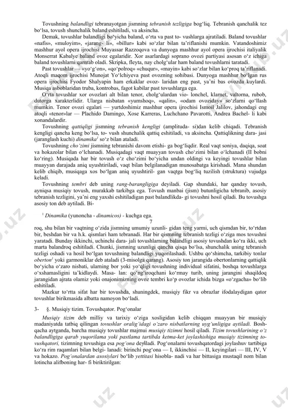 ardan yoritil- gan lad, ritm, kuy, xromatizm kabi mavzular imkon tug‘diradi. bu asosiy vazifalardan tashqari mazkur fan kursi o‘quvchilarga boshqa musiqiy fanlar (cholg‘u va vokal ijrochiligi, xor dirijyorli- gi, musiqa o‘qitish metodikasi) bo‘yicha o‘tiladigan musiqiy asar- lar matnini ongli o‘zlashtirishda yordam beradi. nihoyat, musiqa elementar nazariyasi boshqa fanlar bilan baravar o‘quvchilarning umumiy musiqiy va madaniy saviyasini o‘sishiga ko‘maklashadi. garmoniya fanini o‘zlashtirish jarayonida o‘quvchilar rang- barang ohangdoshliklarni qo‘llab, musiqiy fikr rivojlanishini ko‘rsata olishni o‘rganadi. garmoniya fani o‘qituvchisining vazi- fasi — o‘quvchilarga mazkur fanning asosiy qonuniyatlari haqida bilimlar berish, yozma ishlar orqali amaliy ko‘nikmalarini shakl- lantirish va musiqada garmoniyaning o‘zi ifodaviy vositalardan biri ekanligi haqida tushuncha berishdan iborat. garmoniya kursida diatonik akkordlar, shuningdek xilma-xil septakkordlar, ularni qo‘llash o‘rganiladi. garmoniya kursi badiiy ijodning asosida yotgan asosiy oddiy garmonik vositalarni nazariy va amaliy jihatdan o‘zlashtirish jarayoniga bag‘ishlangan. garmonik vositalar, hattoki oddiy akkordlarni qo‘llash imkoniyatlari- ning ko‘pligini ko‘rsatish uchun har taraflama ko‘rib chiqiladi. o‘quv qo‘llanmaning …