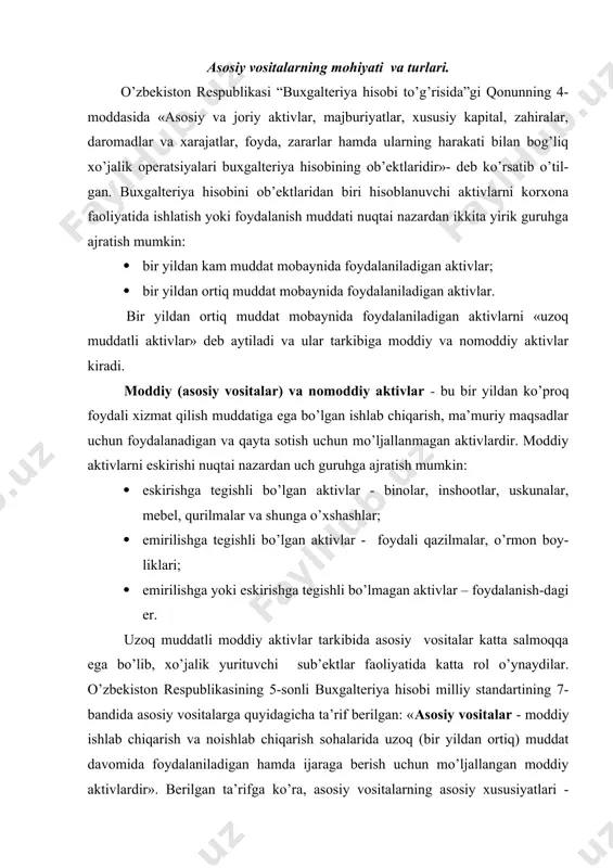 foydalaniladigan hamda ijaraga berish uchun mo’ljallangan moddiy aktivlardir». berilgan ta’rifga ko’ra, asosiy vositalarning asosiy xususiyatlari - korxonalar faoliyatida uzoq muddat mobaynida foydalanishi yoki ijaraga be-rilishidir. shuningdek, ularning yana boshqa xususiyatlari – xizmat muddati mo-baynida o’zini natural-buyum shaklini saqlab qolishi va o’z qiymatini sekin-asta eskirish tariqasida chiqarib borishidir. asosiy vositalar tarkibi, xizmat muddati, qiymati va boshqa bir qator ji-hatlari bo’yicha turlicha bo’lishi ularni hisobga olishda ham bir qator muammo-larni yuzaga keltiradi. asosiy vositalarning foydali xizmat qilish muddati davomida davriy es-kirish hisoblab boriladi. bir qator asosiy vositalarning barcha qiymati eski-rish yo’li bilan hisobdan chiqarib borilsa, boshqa bir turdagi asosiy vosi-talarning tugatish qiymatidan qolgan qismi eskirish tariqasida hisobdan chiqarib boriladi. asosiy vositalarni hisobga olishda e’tibor beriladigan yana bir masala bu ularning qaysi birlarini eskirish summasini ishlab chiqarilgan mahsulot tan-narxi tarkibiga kiritish yo’li bilan qoplanadi-yu, qaysi birlarini qiymati foyda hisobidan koplanishini aniqlab olishdir. bu masalalar o’z navbatida asosiy vositalarni ta’mirlash va ularga texnik xizmat …