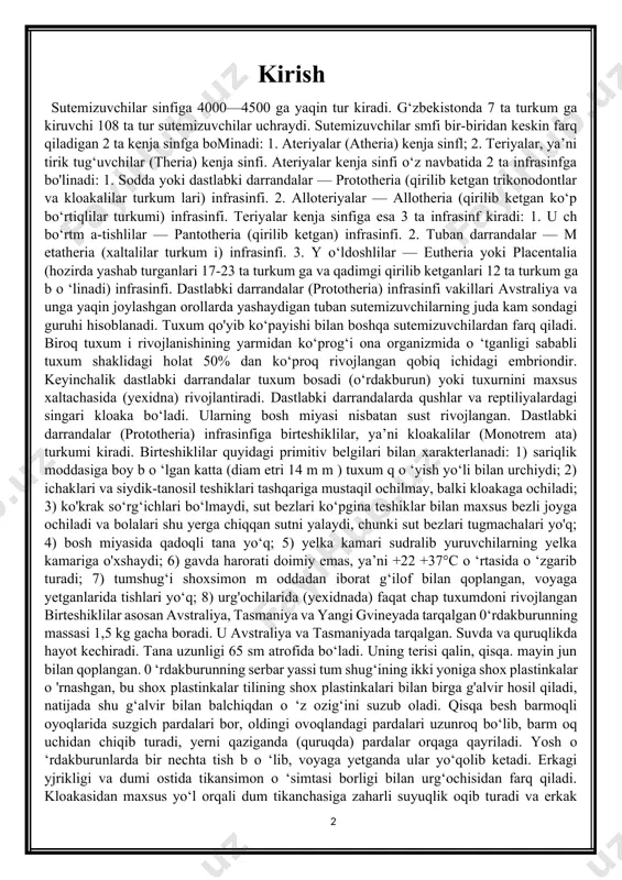 ‘ladi. ularning bosh miyasi nisbatan sust rivojlangan. dastlabki darrandalar (prototheria) infrasinfiga birteshiklilar, ya’ni kloakalilar (monotrem ata) turkumi kiradi. birteshiklilar quyidagi primitiv belgilari bilan xarakterlanadi: 1) sariqlik moddasiga boy b o ‘lgan katta (diam etri 14 m m ) tuxum q o ‘yish yo‘li bilan urchiydi; 2) ichaklari va siydik-tanosil teshiklari tashqariga mustaqil ochilmay, balki kloakaga ochiladi; 3) ko'krak so‘rg‘ichlari bo‘lmaydi, sut bezlari ko‘pgina teshiklar bilan maxsus bezli joyga ochiladi va bolalari shu yerga chiqqan sutni yalaydi, chunki sut bezlari tugmachalari yo'q; 4) bosh miyasida qadoqli tana yo‘q; 5) yelka kamari sudralib yuruvchilarning yelka kamariga o'xshaydi; 6) gavda harorati doimiy emas, ya’ni +22 +37°c o ‘rtasida o ‘zgarib turadi; 7) tumshug‘i shoxsimon m oddadan iborat g‘ilof bilan qoplangan, voyaga yetganlarida tishlari yo‘q; 8) urg'ochilarida (yexidnada) faqat chap tuxumdoni rivojlangan birteshiklilar asosan avstraliya, tasmaniya va yangi gvineyada tarqalgan 0‘rdakburunning massasi 1,5 kg gacha boradi. u avstraliya va tasmaniyada tarqalgan. suvda va quruqlikda …