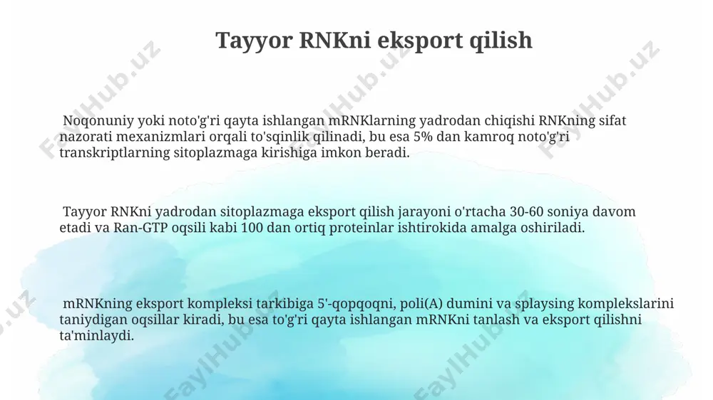 nskripsiyaning boshlanishini ta'minlaydi. rnk transkripsiyasining boshlanishi promotor mintaqasidagi, odatda tata qutisi deb ataluvchi, aniq dnk ketma-ketligiga rnk polimerazaning bog'lanishi bilan boshlanadi va bu jarayon transkripsiya omillari yordamida tartibga solinadi. transkripsiya boshlanishining aniq joyi va samaradorligi promotor mintaqasidagi konsensus ketma-ketliklarining o'zgarishiga, masalan, gc qutisining mavjudligiga yoki yo'qligiga bog'liq bo'ladi. pre-rnkning yetuk rnkga qayta ishlanishi rnkning yetuk shakliga aylanishi uchun, o'rtacha 200 nukleotid uzunlikdagi pre-rnk molekulasida ko'plab o'zgarishlar, jumladan, tahrirlash va metilatsiya kabi reaksiyalar ro'y beradi. pre-rnkning yetuk rnkga qayta ishlanishi jarayonida 5'-cap va 3'-poly(a) quyruq qo'shilishi kabi modifikatsiyalar sodir bo'ladi, bu esa transkripsiya tugagandan keyin rnkni himoya qiladi va tarjima qilishga tayyorlaydi. splaysing jarayoni orqali pre-rnkning intronlari olib tashlanadi va eksonlari bir-biriga ulanadi, bu esa oqsil sintezida ishtirok etadigan yetuk mrnk molekulasini hosil qiladi. taxminan 100 dan ortiq oqsil spliceosom kompleksida ishtirok etadi. splaysing: intronlarning olib tashlanishi alternativ splaysing tufayli, bitta gendan bir nechta, hatto o'nlab turli xil oqsillar sintezlanishi mumkin, …