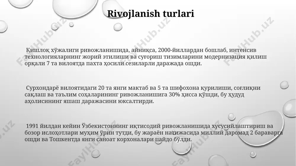 ivojlanish darajasi bo‘yicha o‘zbekiston 2023-yil holatiga ko‘ra, 3-o‘rinda turadi, demokratik institutlarning rivojlanishiga 7 ball berilgan. siyosiy rivojlanishda 1991-yildan keyin o‘zbekistonda 5 ta prezident saylovi o‘tkazilib, har bir saylovdan keyin konstitutsiyaviy islohotlar amalga oshirildi. siyosiy rivojlanishning muhim ko‘rsatkichlaridan biri bo‘lmish saylov ishtirokining 90% dan ortiq bo‘lishi o‘zbekistonning siyosiy barqarorligini ko‘rsatadi, biroq xalqaro kuzatuvchilarning fikrlari har xil. e'tiboringiz uchun rahmat @taqdimot_robot image1.png image2.png image3.png