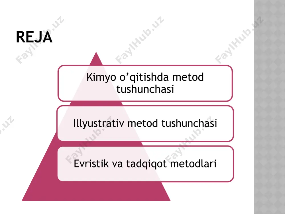 larining chog’ishtirma tavsifi mohiyatini aniqlashda qo’llaniladi. bu davrda o’quvchilar galogenlarning xossalarni chog’ishtirib izohlashini o’qituvchi tartibga solib turadi. masalan, kaliy yodid eritmasiga kraxmal kleystrini qo’ysak rang sezilmaydi, alohida xlorli suvga kraxmal kleystrini qo’shsak yana rang o’zgarishi sezilmaydi. uch komponentni birgalikda qo’shib aralashtirsak kraxmal ko’k tusga kiradi. sababini esa talabalar o’zlari izohlab berishlsri lozim. bu qisman izlanuvchanlikdir. evristik о‘qitish texnologiyasi mazmuni. evristik о‘qitishning asosiy mohiyati yangilikni doimo ochishga harakat qilish demakdir. evristik yunoncha heuriska – qidiraman, topaman, ochaman degan ma’nolarni anglatadi. evristik о‘qitish texnologiyasi mazmuni. evristik о‘qitishning asosiy mohiyati yangilikni doimo ochishga harakat qilish demakdir. evristik yunoncha heuriska – qidiraman, topaman, ochaman degan ma’nolarni anglatadi. evristika о‘qitishning: 1. о‘qitish shakli – evristik suhbat. 2. о‘qitish metodi.. 3. berilgan masalaning texnalogik jarayoni.. 1. о‘qitish shakli – evristik suhbat. bunda о‘qituvchi va о‘quvchi о‘rtasida masala mohiyatini tushunish va bir fikrga kelish maqsadida savol va javoblar uyushtiriladi 2. о‘qitish metodi. ijodiy ishlash jarayonida о‘qituvchi о‘quvchiga …