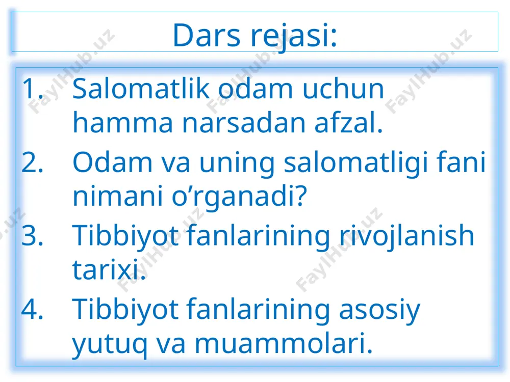 idagi muammolar mavjud. suv, havo, tuproqning ifloslanishi, yer yuzida haroratni va atrof muhitda radiatsiyaning ortib borishi, organizmga psixologik ta’sirning ortib borishi, kam harakatlanish va ortiqcha ovqatlanish yurak qon tomir allergik onkologik oits va xozirda pandemiyaga sabab bo’lgan covid 19 kabi kasalliklarni keng tarqalib borishi ana shunday muammolardan hisoblanadi. mavzuni mustaxkamlash: 1-olimlar va ularning xizmatlarini juftlang. izotoplardan biologiya va tibbiyotda foydalanish yo’llarini ohib bergan. fanga aorta tushunchasini kiritgan. buyuk shifokor, shoir, faylasuf va musiqashunos. 2- topshiriq. test. 1.«inson uchun birinchi baxt uning soglig‘i, ikkinchisi go‘zallikdir» bu jumla kimga tegishli? a)galen b)gippokrat c)leonardo da vinchi d)aristotel 2.barcha tibbiyot fanlarining asosini tashkil etadi? a) anatomiya b) fiziologiya c) gigiyena d)barcha javoblar to’g’ri 3.odam organizmi ichki tuzilishini murdani yorib ko'rish orqali o‘rganish dastlab… boshlagan. a)italiya b)yunoniston c)rim d)b va c 4.odamning to‘rt xil mizoji va odam tanasi tuzilishi, organizmning bir butunligi to‘g‘risidagi jahonga mashhur g‘oyalarni ishlab chiqqan. a)gipokrat b)galen c)vezaliy d)aristotel uyga vazifa:8- betdagi …