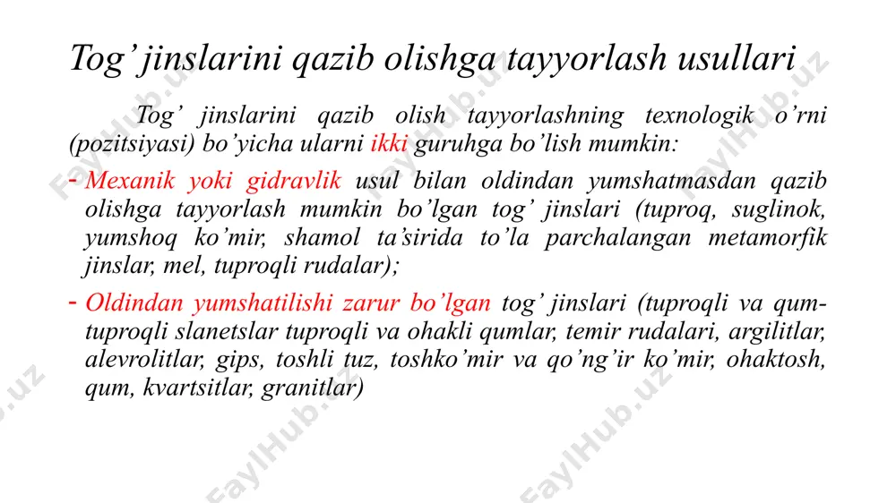 an chuqurlarga) tashib boriladi. ochish ishlari gorizontal qatlamlar bo’yicha yoki frontni yelpig’ichsimon ilgari surib bajariladi. yurish uskunasi bo`yicha turlari: buldozerlar-portlatish ishlarini qo’llab bujinslarning qattiqligiga bog’liq; buldozerlar skreperlar yordamida trassa bo’yi yo’l karerlarida va bo’sh jinslarining hajmi ko’p bo’lmaganda qo’llaniladi. texnolgiya oddiy ishlarga nisbatan arzonga bajariladi. bo’sh jinslarni tashib borish masofasi skreper cho’michining hajmiga bog’liq; bo’sh jinslarni buldozer bilan bir joyga surib, u yerdan ekskovator yoki bir cho’michli pogruzchik bilan hudud ichkarisidagi yoki tashqarisidagi ag’darish joylariga tashiladi; xulosa mexanik yoki gidravlik yumshatish ochiq konchilik ishlarida, ayniqsa sovuq iqlimli mintaqalarda samarali hisoblanadi. bu jarayon qo’shimcha sarf-harajat: qo‘shimcha texnika, yoqilg’i va boshqalarni talab qilsada, amalda qo’llanilaveradi. yuqori ish unumdorlikka erishish uchun mexanik yumshatgichlarning yangi turlari yaratilmoqda. bu esa yumshatish chuqurligining yanada ortishiga olib kelib keyingi kon-qazish ishlarida qulayliklarni tug’diradi. image1.jpeg image2.jpeg image3.jpeg image4.jpeg media1.mp4 image5.png image6.png image7.png image8.png image9.jpeg image10.jpeg /docprops/thumbnail.jpeg