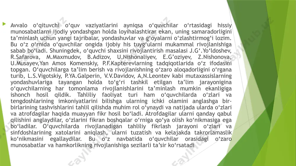 aviy dunyosini boyitadi,xulqini ijobiy yo‘naltiradi. xulosa bugungi kunga kelib, uzluksiz ta’lim tizimi oldiga o‘zbekiston respublikasi hukumati tomonidan yuqori talablar qo‘yilmoqda. butun dunyoda ro‘y berayotgan integrallashuv va globallashuv jarayoni bilan bog‘liq holda ta’lim-tarbiyaning mazmun–mohiyati o‘zgarmoqda. agar o‘quvchi o‘qishga tayyor bo‘lsa, uning zarurligini tushunib yetsa, u yaratish, fikrlash kattalar va tengdoshlari bilan birgalikda faoliyat ko‘rsatish ko‘nikmasiga ega bo‘lib, shaxs sifatida shakllanishi insoniy sifatlar paydo bo‘lishi natijasida amalga oshadi. xulosa qilib aytganda, o‘quvchilarda o‘zaro do‘stona munosabatlarga asoslangan ijobiy tuyg’ularni yoshligidanoq shakllantirib borish lozim, bu do‘stlik munosabatlarini qanchalik erta o‘quvchi ongiga singdirilsa unda shunchalik atrofdagilarga bo‘lgan munosabat hamda dunyoqarashini to‘g’ri yo‘lga qo‘yadi. o‘quvchilarning bir-biriga bo‘lgan munosabatida o‘qituvchi juda katta rol o‘ynaydi. amalga oshirilgan izlanishlar va yuqorida keltirilgan xulosalardan kelin chiqqan holda quyidagilarni tavsiya qilishimiz mumkin; 1.o‘qituvchi hamda tarbiyachilarni hamkorlik pedagogikasiga oid zamonaviy bilimlar bilan qurollantirish. 2.o‘qituvchilarda o‘quvchilar tarbiyasi bo‘yicha hamkorlik strategiyalari bilan qurollantirish maqsadida ishlanmalar tayyorlash. 3.o‘qituvchilarni hamkorlikdagi pedagogik jarayonni loyihalash va tahlil etishga …