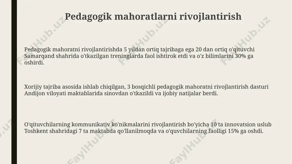ta'minlaydi va natijada farg'ona viloyatida o'quv jarayonini yanada qiziqarli qiladi. zamonaviy texnologiyalar, masalan, google classroom yordamida 20 dan ortiq o'quvchilar bilan onlayn darslarni samarali o'tkazish va 100 dan ziyod ta'lim resurslariga kirish imkoniyatini beradi, bu esa toshkentdagi maktablar uchun juda muhimdir. o‘quvchilar bilan samarali muloqot o'quvchilar bilan samarali muloqotda 20% tinglash, 30% savol berish va 50% faol fikr almashish strategiyasini qo'llash namangan viloyati maktablaridagi tadqiqotlarga ko'ra samarali natijalar beradi. samarali muloqot uchun o'quvchilarning yosh xususiyatlarini, masalan, 7-sinf o'quvchilarining fikrlash uslubi va 11-sinf o'quvchilarining mustaqillik darajasini hisobga olish muhim, bu esa andijon viloyati maktablarida amaliy qo'llanilishi mumkin. o'quv jarayonida kamida 3 ta turli muloqot uslubini (masalan, suhbat, munozara, taqdimot) qo'llash orqali o'quvchilarning faol ishtiroki va tushunish darajasini oshirish mumkin, bu esa toshkentdagi tajribalardan kelib chiqadi. e'tiboringiz uchun rahmat @taqdimot_robot